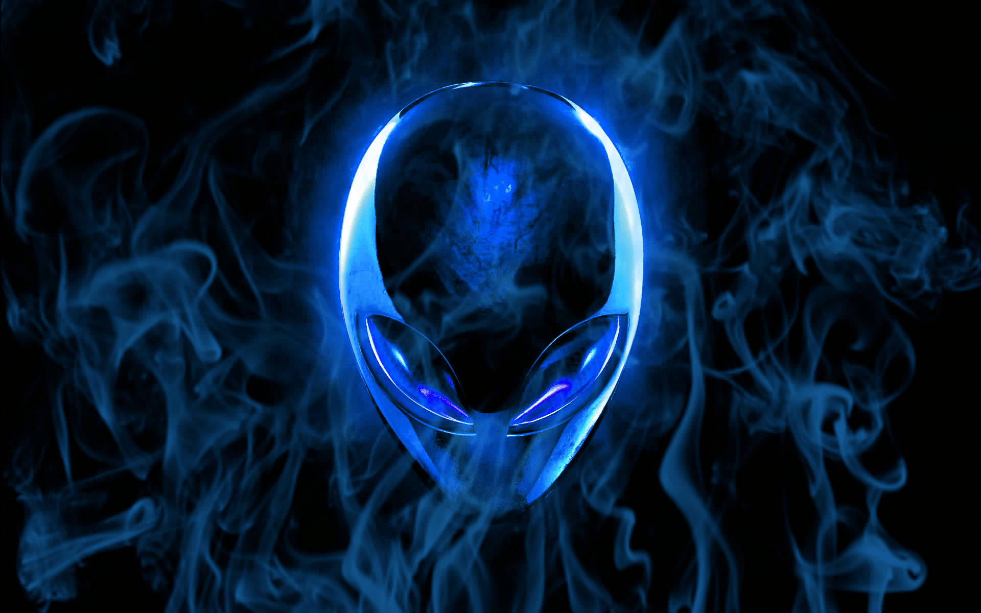 Alienware, glowing blue alien head, swirling smoke, Full HD Desktop Wallpaper