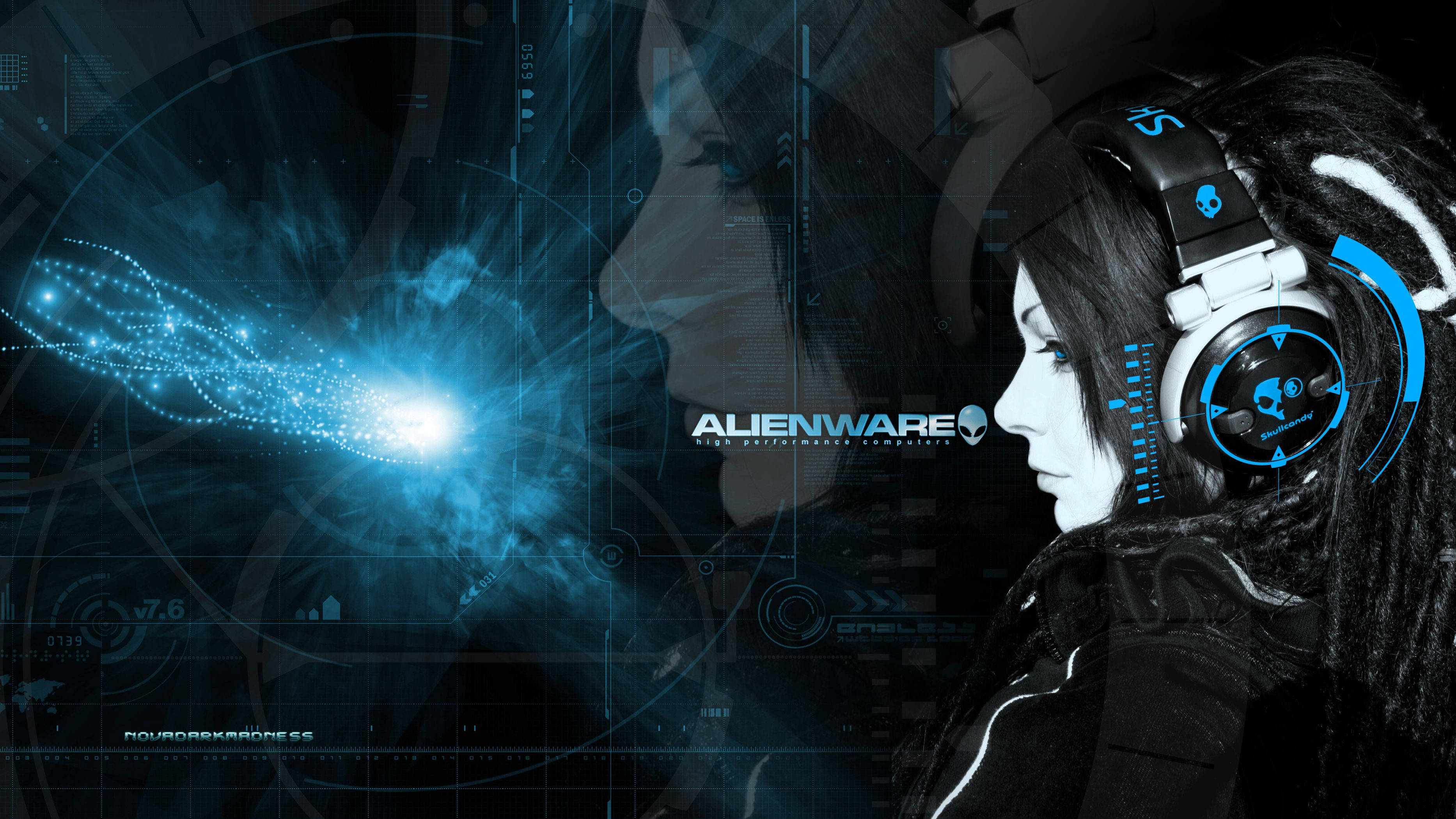 Alienware, cyberpunk woman, glowing blue data stream, 2K Desktop Wallpaper