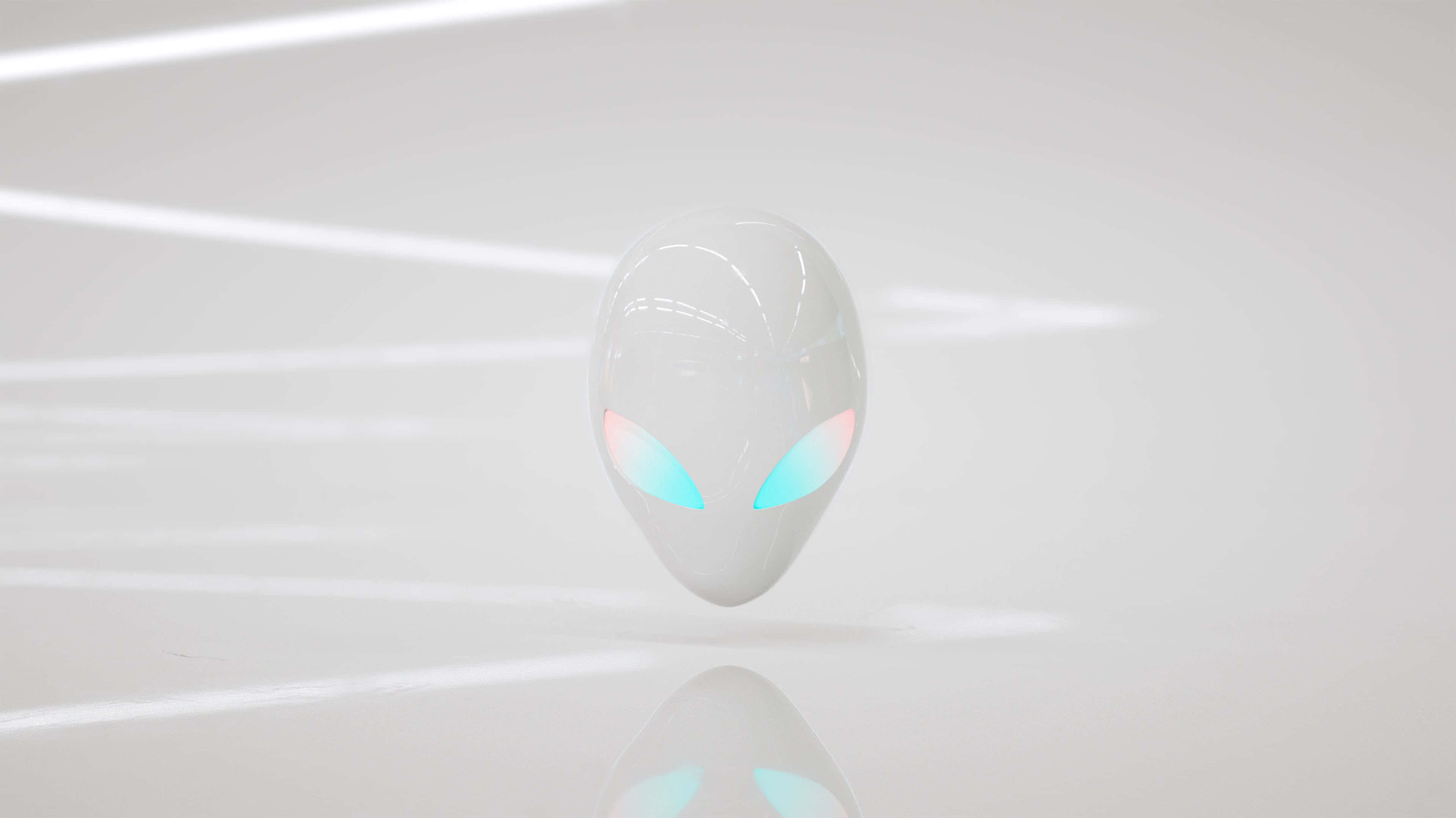 Alienware, glossy white alien head, glowing cyan eyes, 4K Desktop Wallpaper