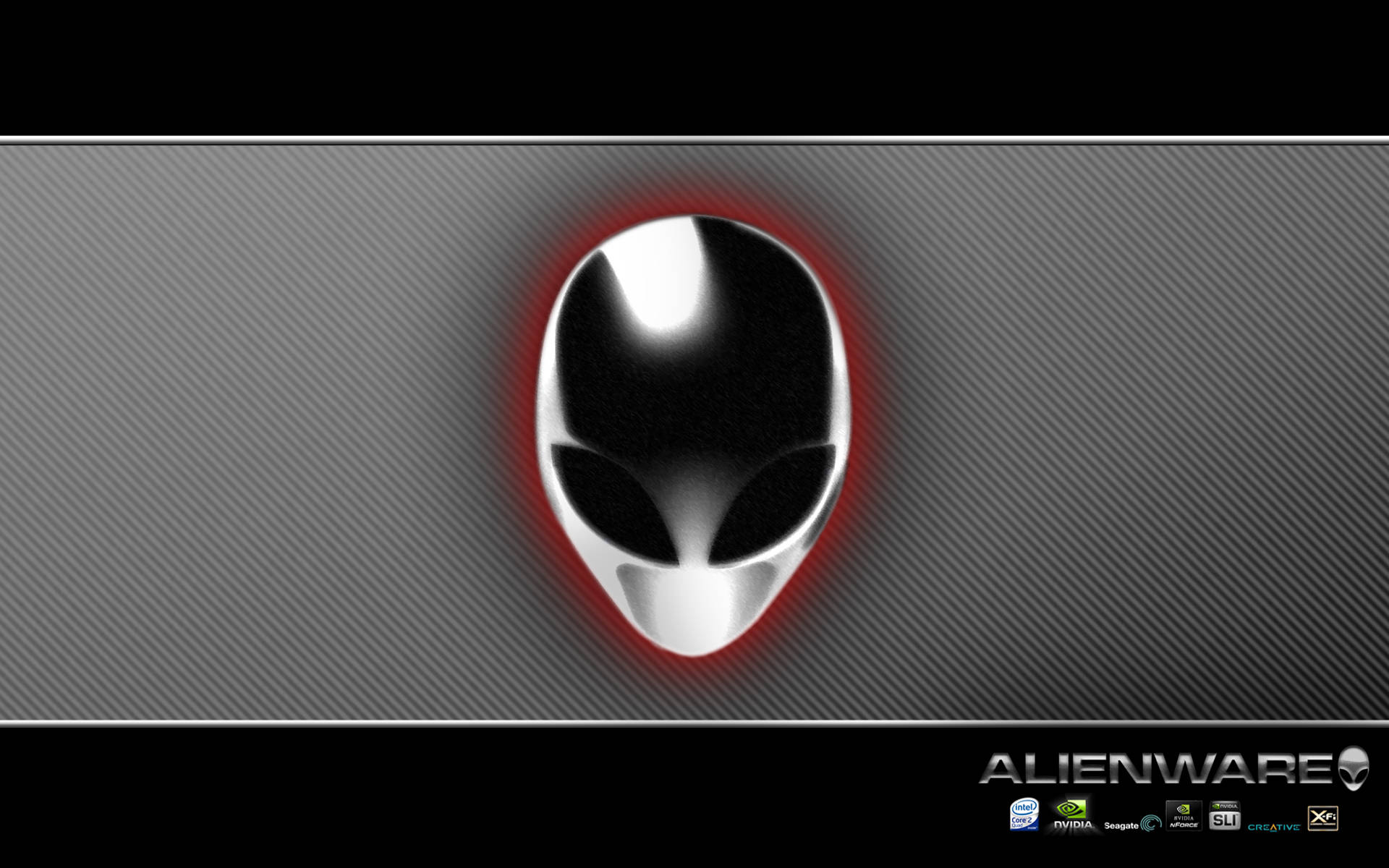 Alienware Default, gray diagonal-striped background, glowing silver alien head logo, Full HD Desktop Wallpaper
