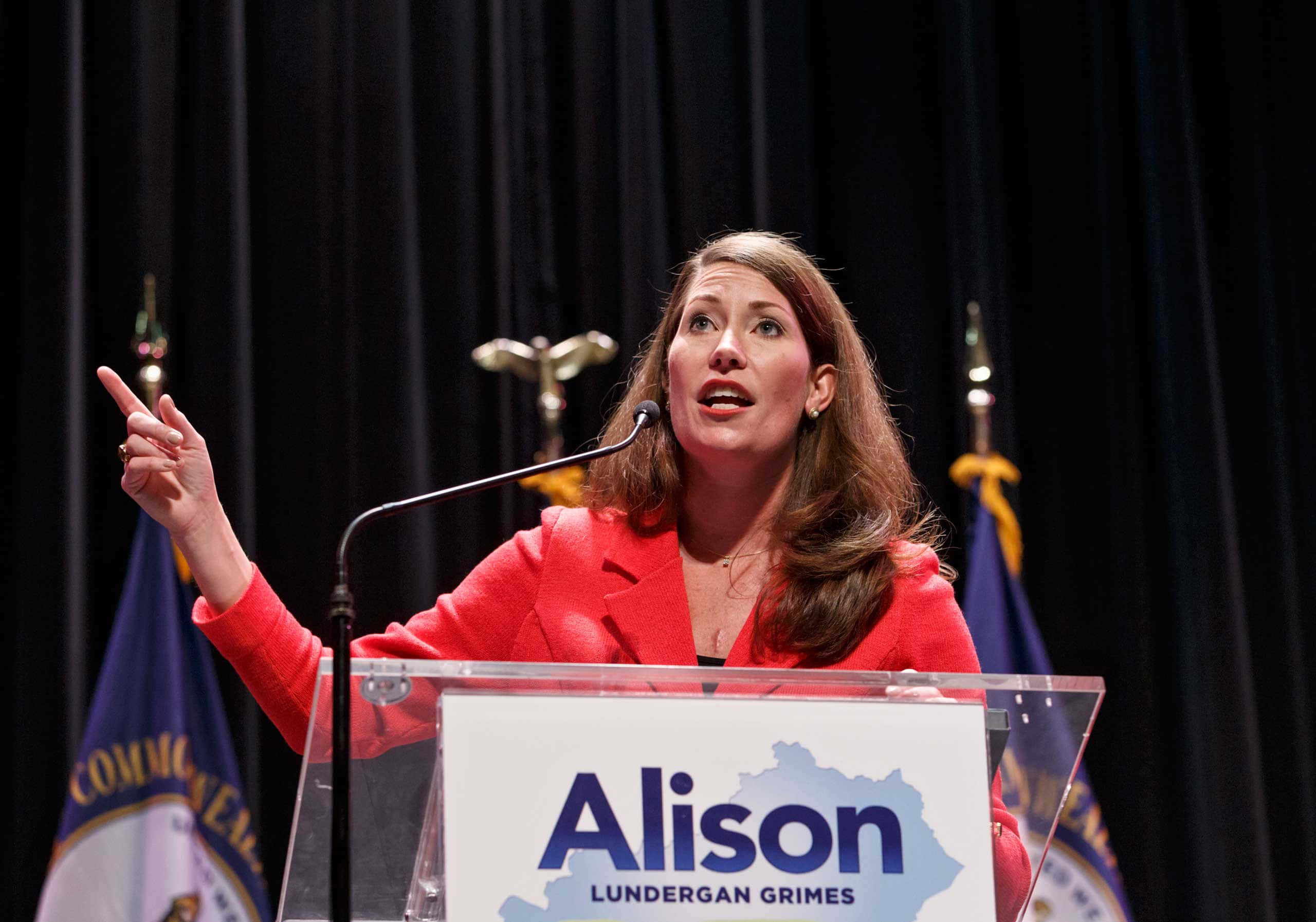 Alison Lundergan Grimes, red blazer, podium, 2K Desktop Wallpaper