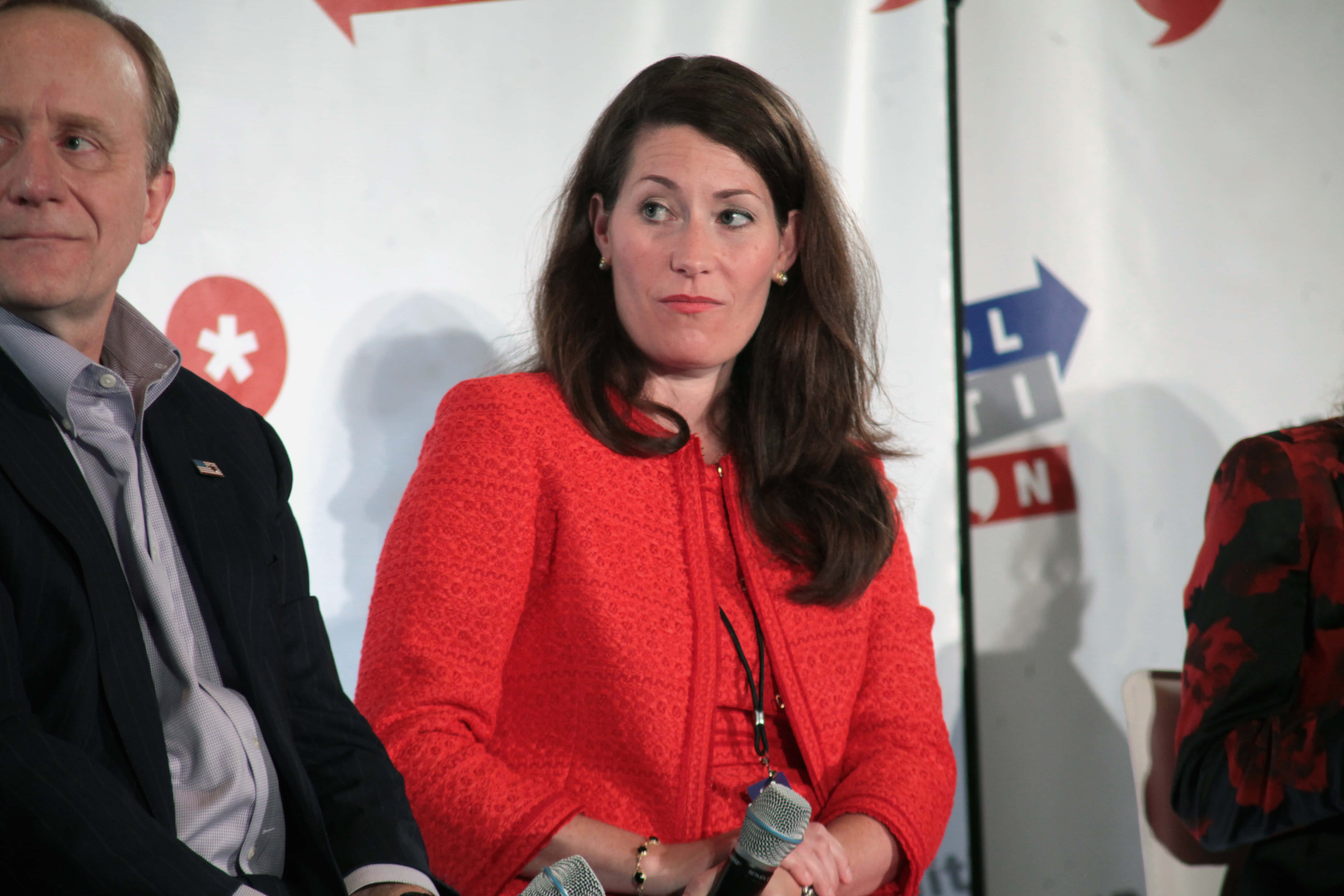 Alison Lundergan Grimes, bright red textured jacket, microphone, 5K Desktop Wallpaper