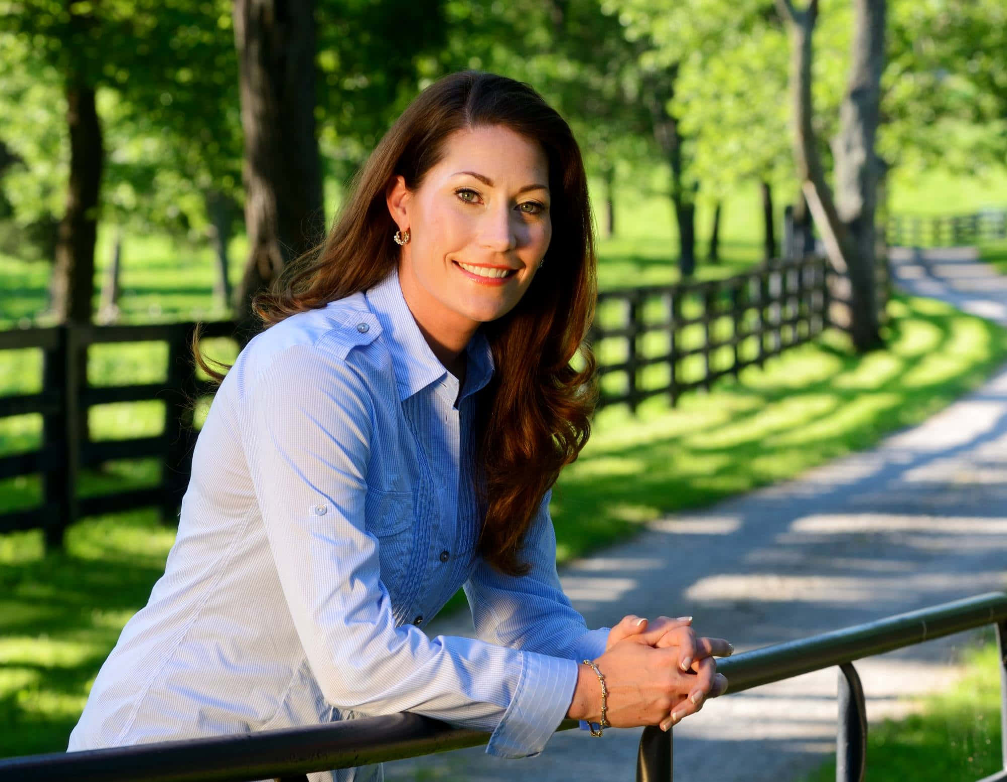 Alison Lundergan Grimes, blue shirt, sunlit park path, Full HD Desktop Wallpaper