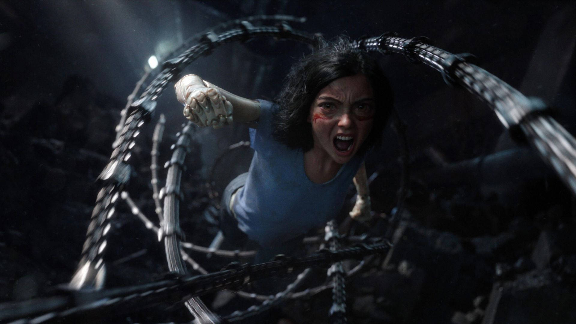 Alita Battle Angel, barbed wire, dark industrial setting, Full HD Desktop Wallpaper
