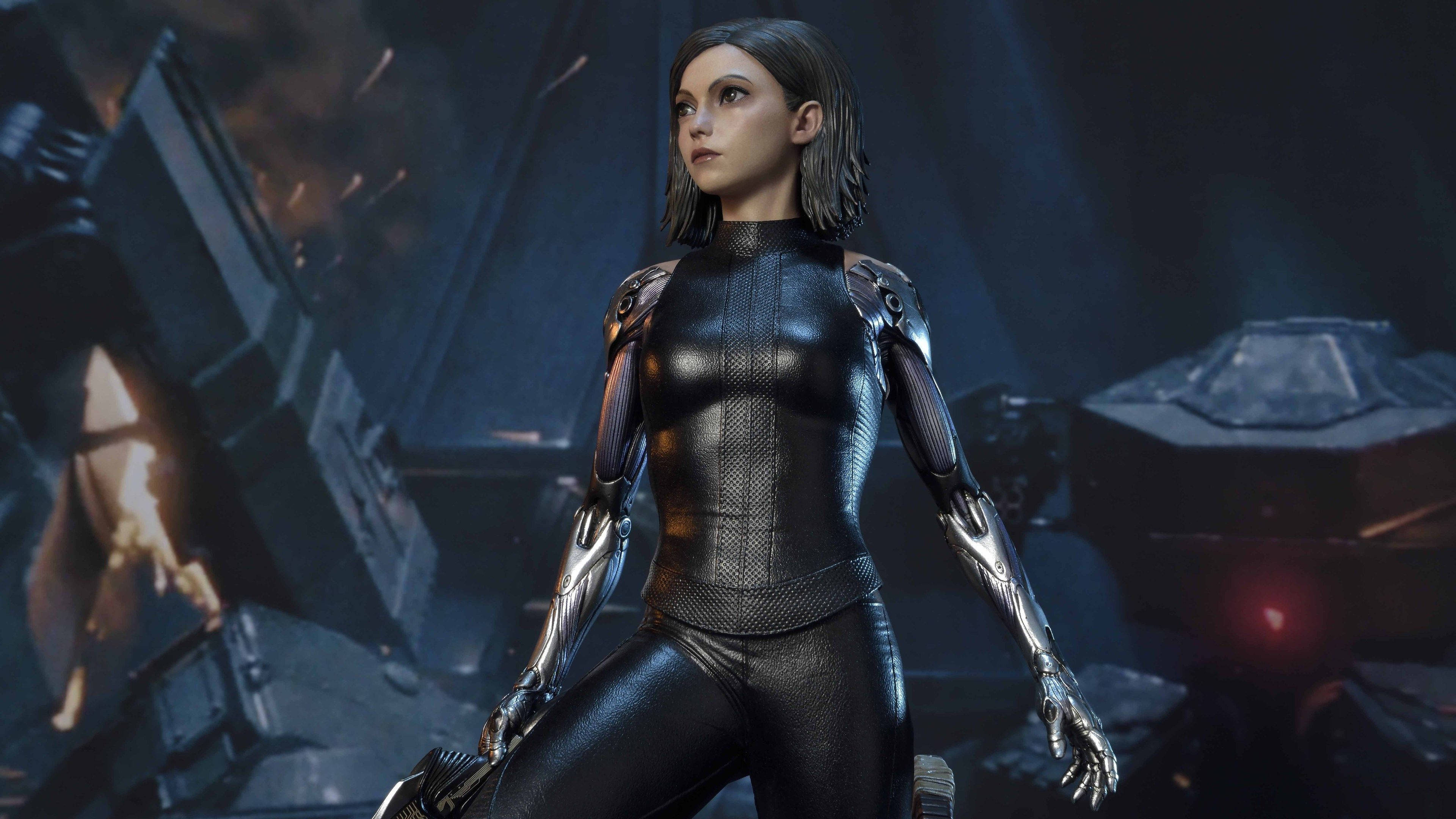 Alita Battle Angel, cybernetic woman, sleek black armor, 4K Desktop Wallpaper