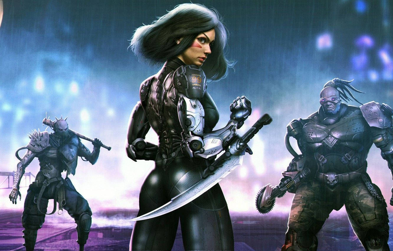 Alita Battle Angel, cyborgs, neon-drenched rainstorm, HD Desktop Wallpaper