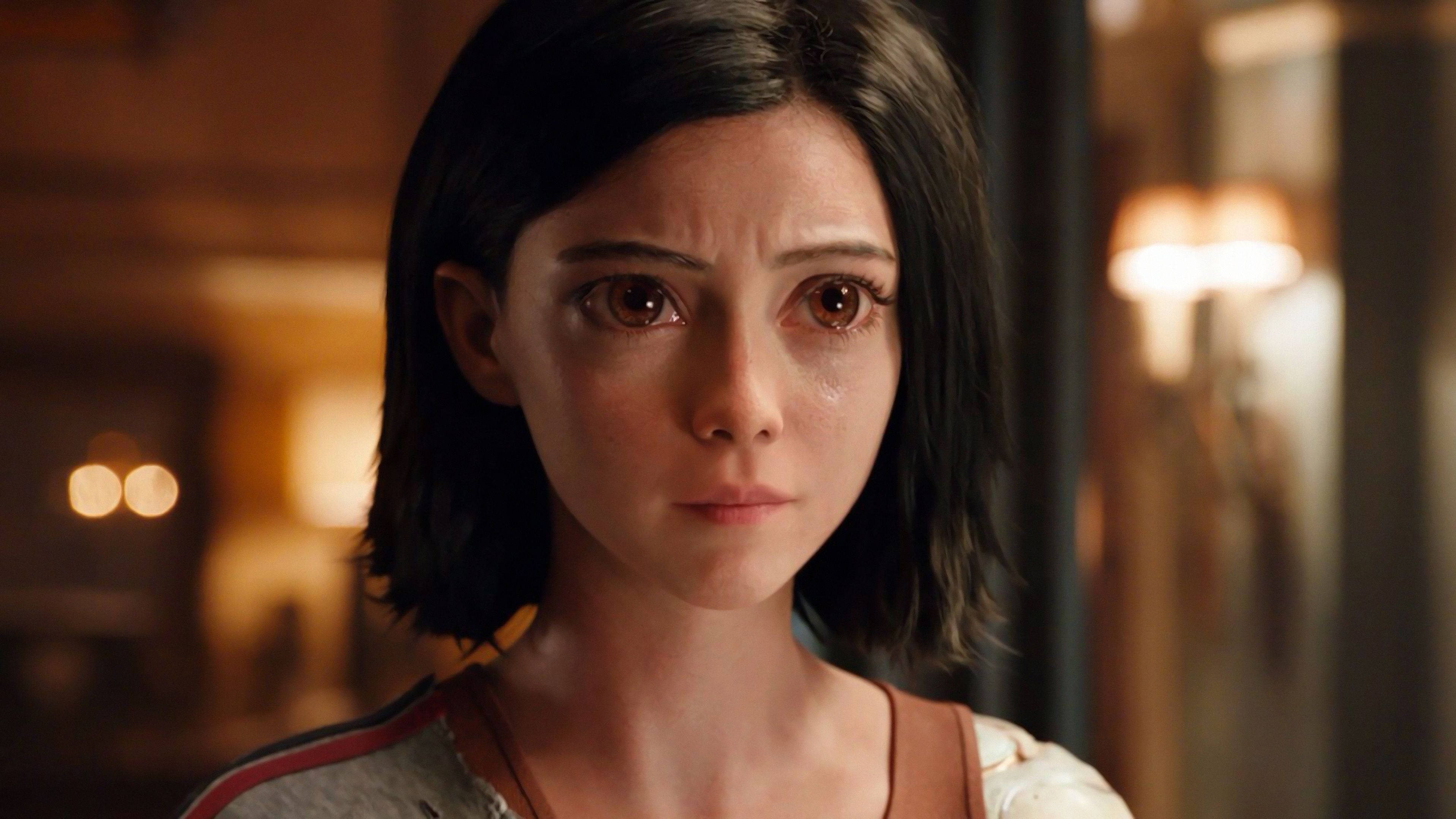 Alita Battle Angel, crying, close-up, 4K Desktop Wallpaper