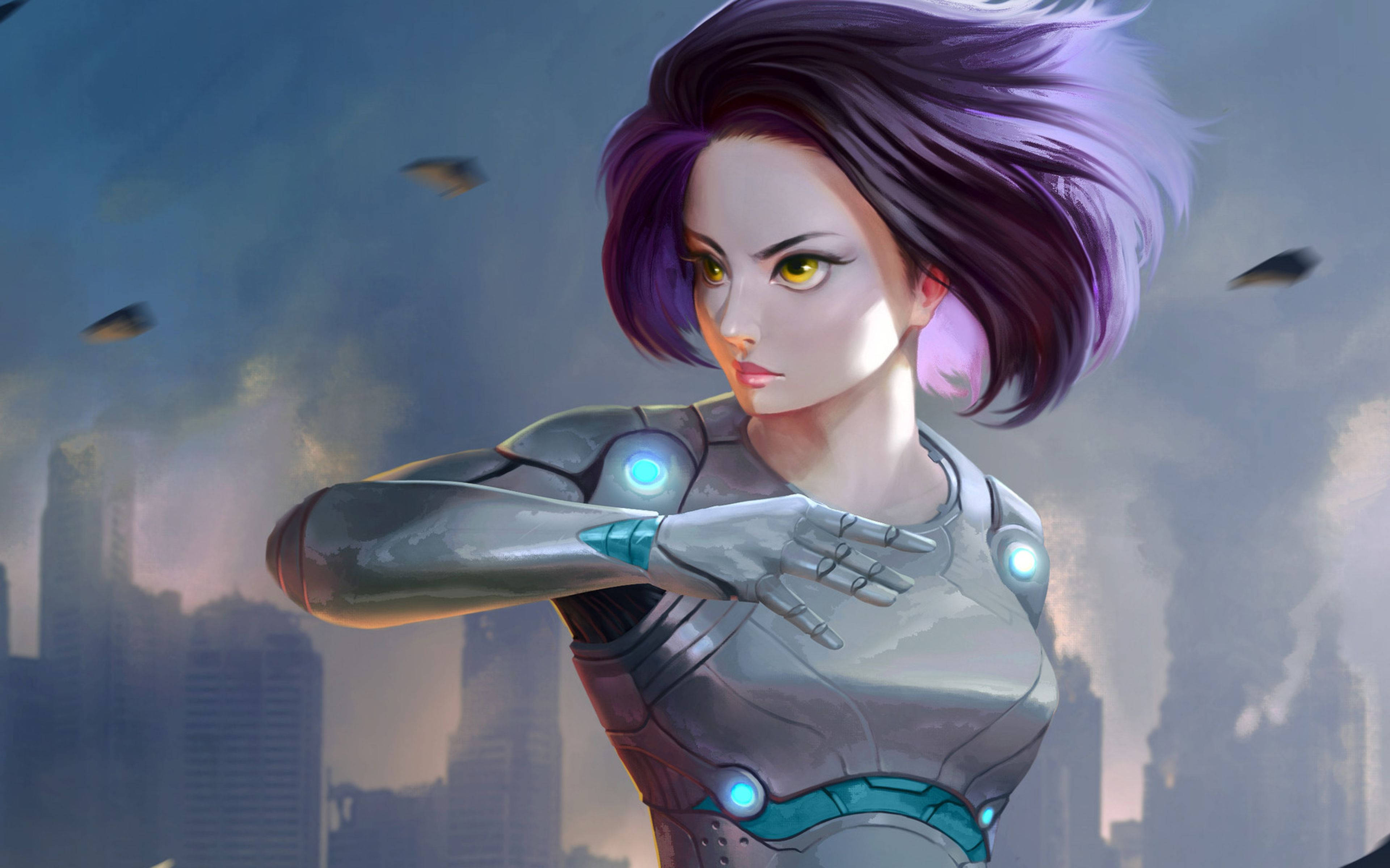 Alita: Battle Angel, purple hair, glowing blue joints, 4K Desktop Wallpaper