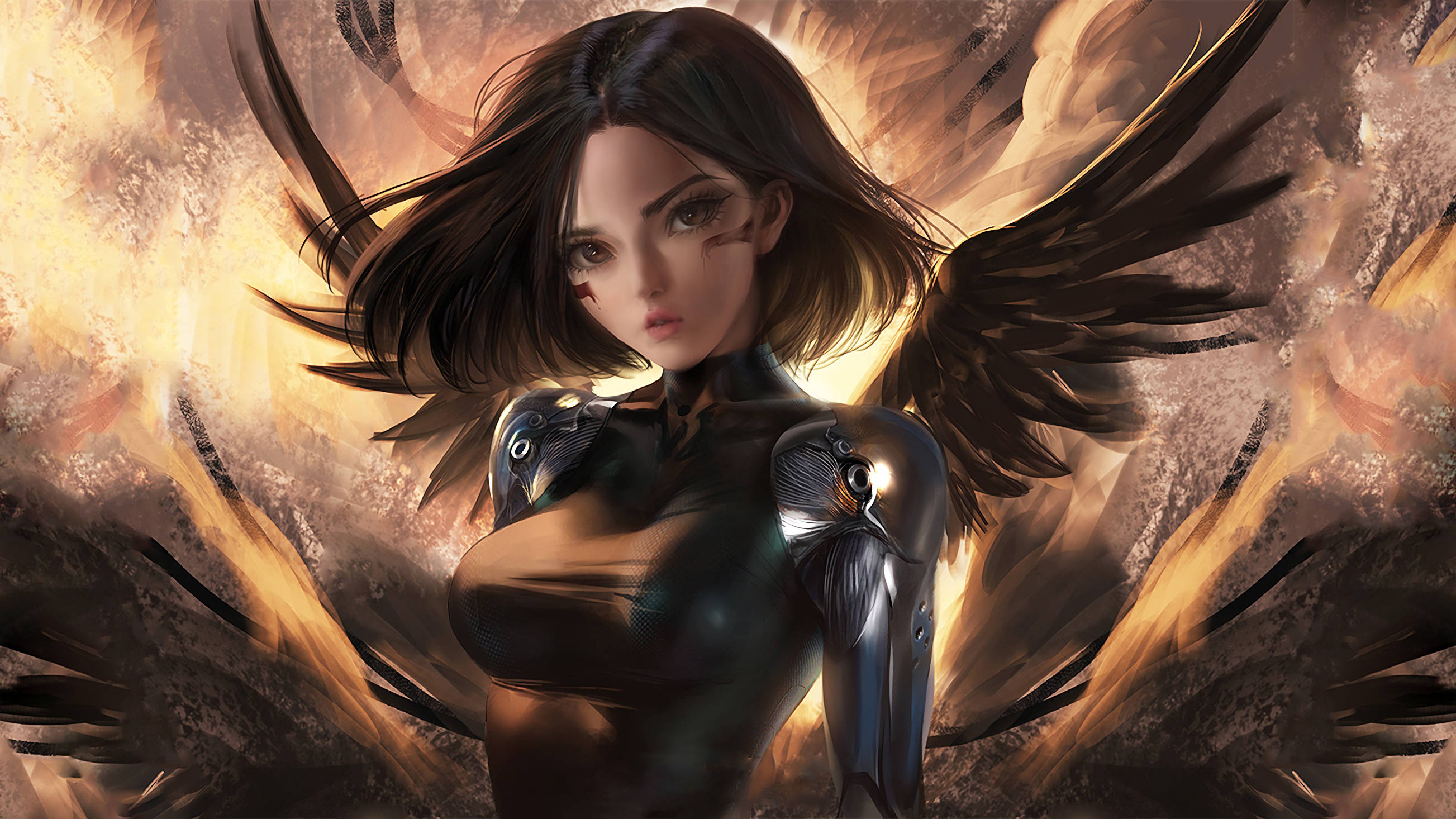 Alita: Battle Angel, dark wings, mechanical arms, 2K Desktop Wallpaper