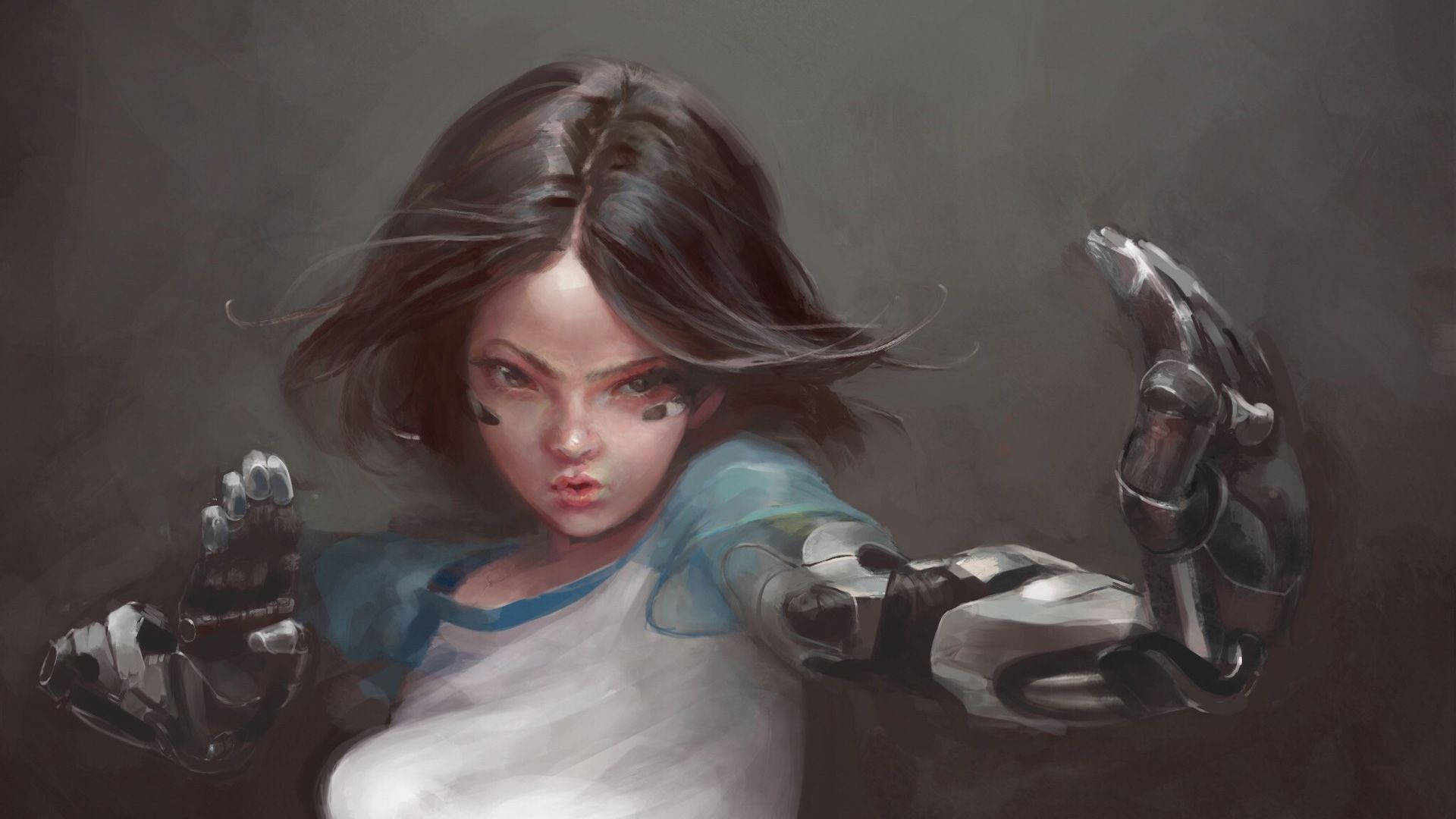 Alita, cybernetic arms, muted gray background, Full HD Desktop Wallpaper