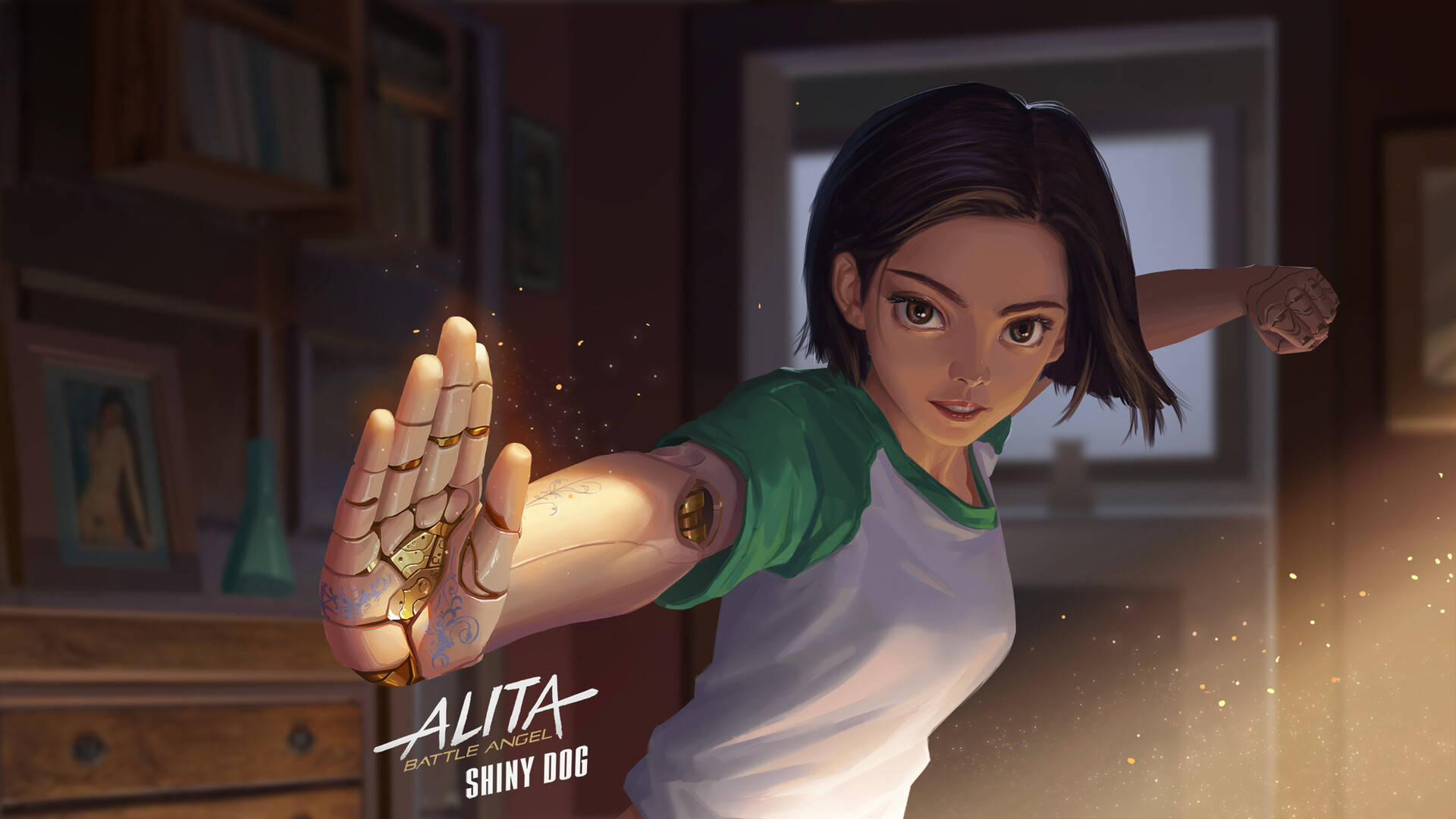 Alita: Battle Angel, cybernetic arm, golden sparks, Full HD Desktop Wallpaper