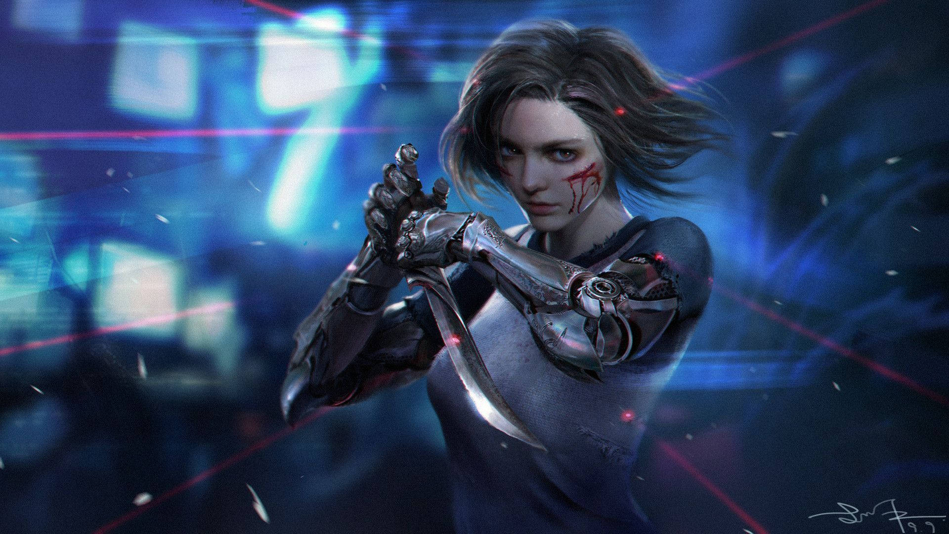 Alita Battle Angel, glowing red eyes, neon-lit digital battlefield, Full HD Desktop Wallpaper
