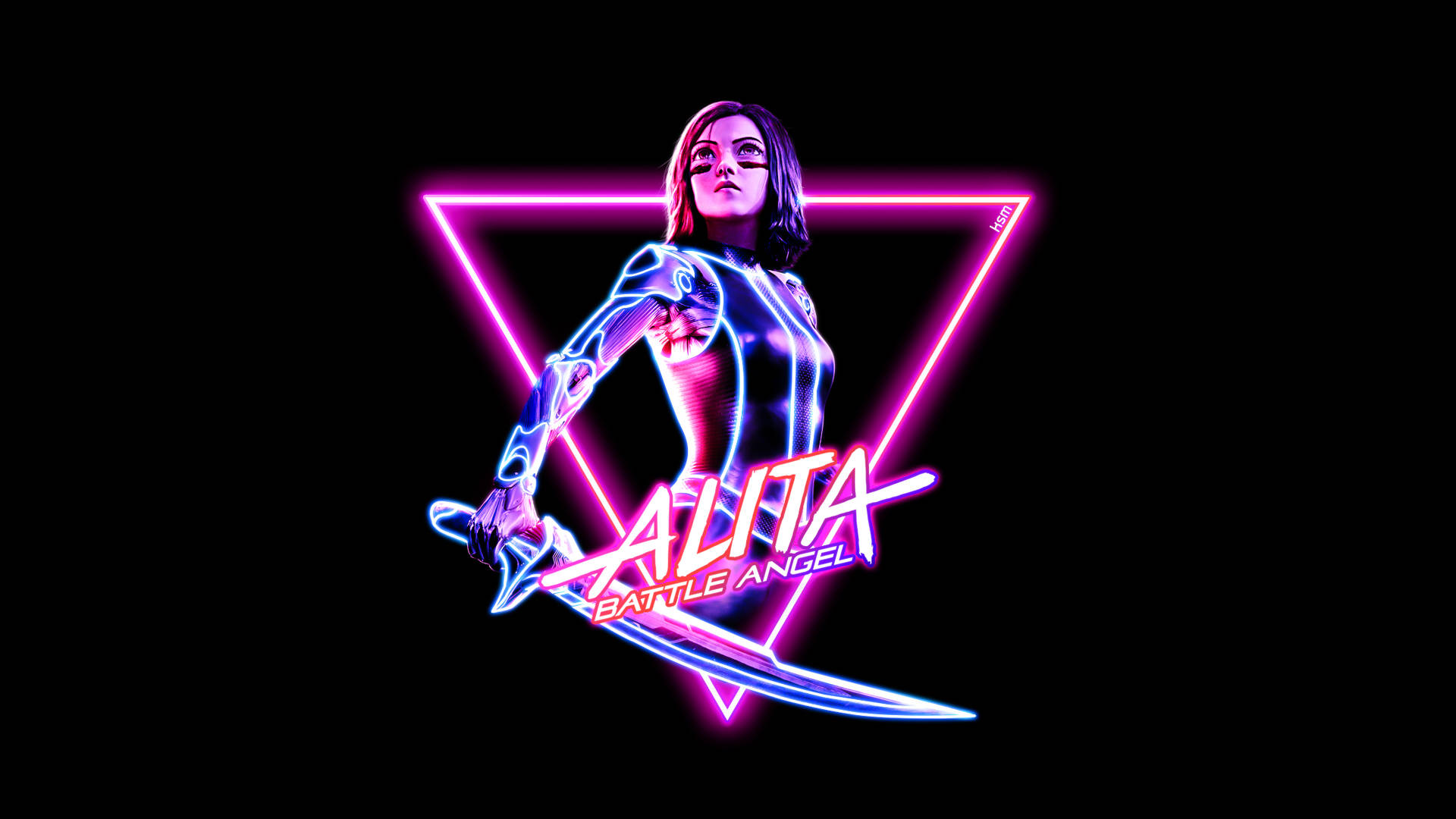 Alita Battle Angel, neon lights, glowing neon triangle, Full HD Desktop Wallpaper