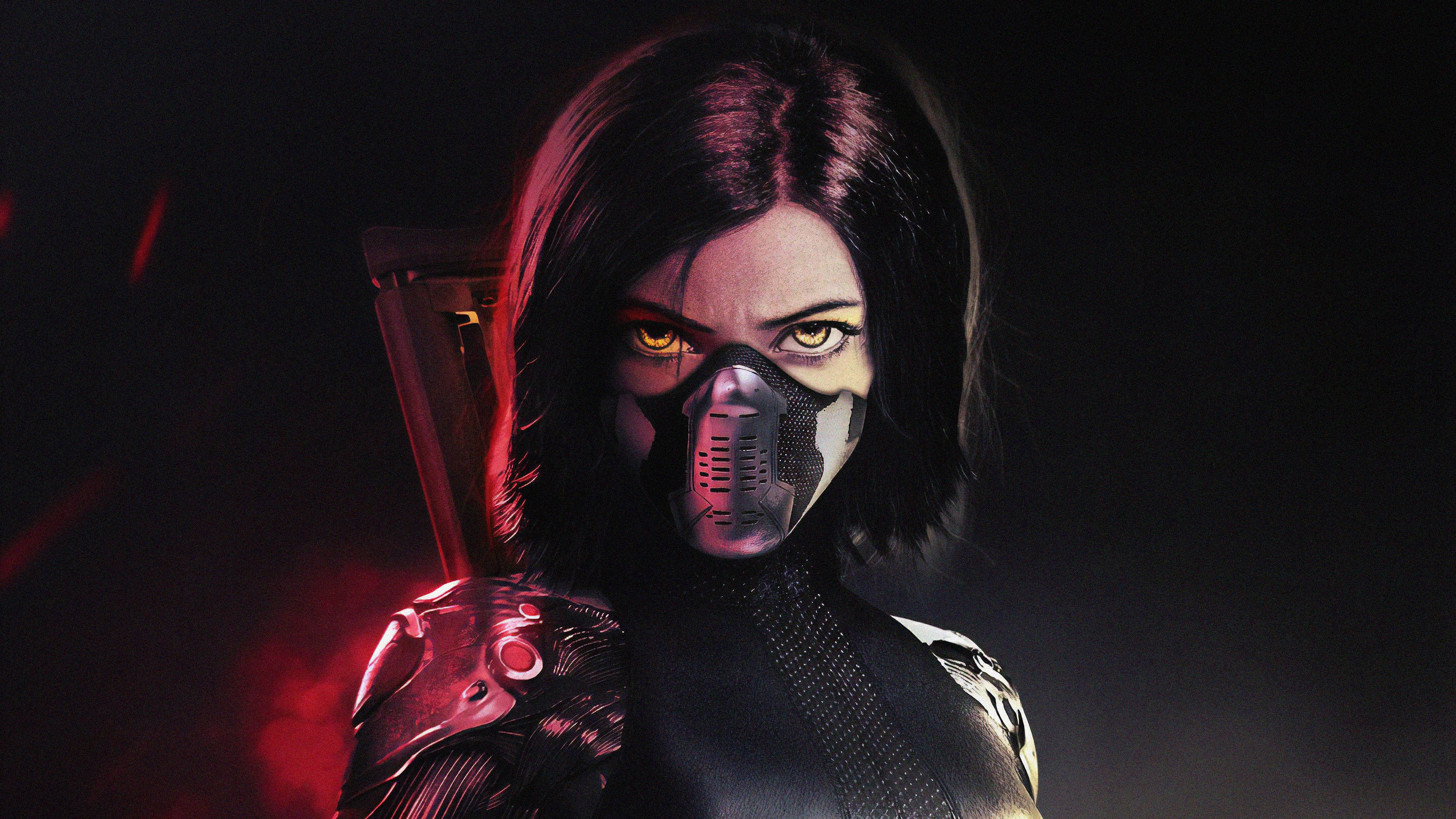 Alita Battle Angel, warrior, glowing yellow eyes, 4K Desktop Wallpaper