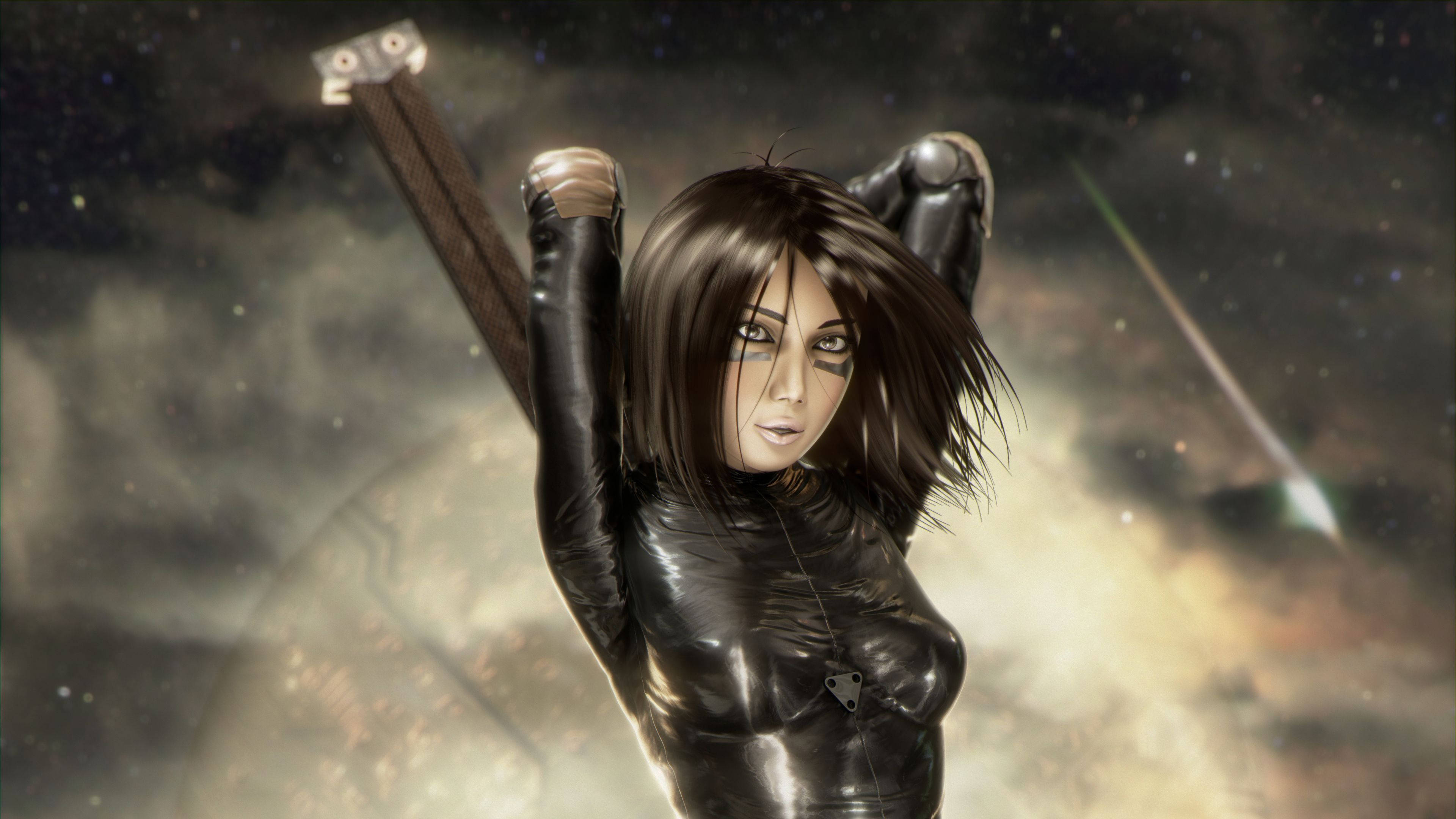 Alita Battle Angel, black leather outfit, large sword, 4K Desktop Wallpaper