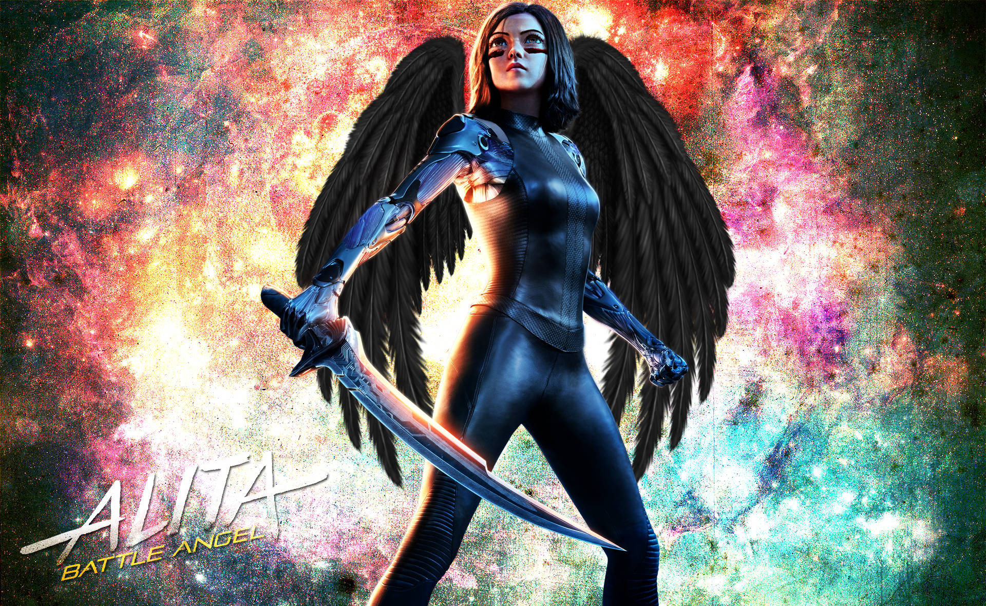 Alita Battle Angel, black wings, glowing sword, Full HD Desktop Wallpaper