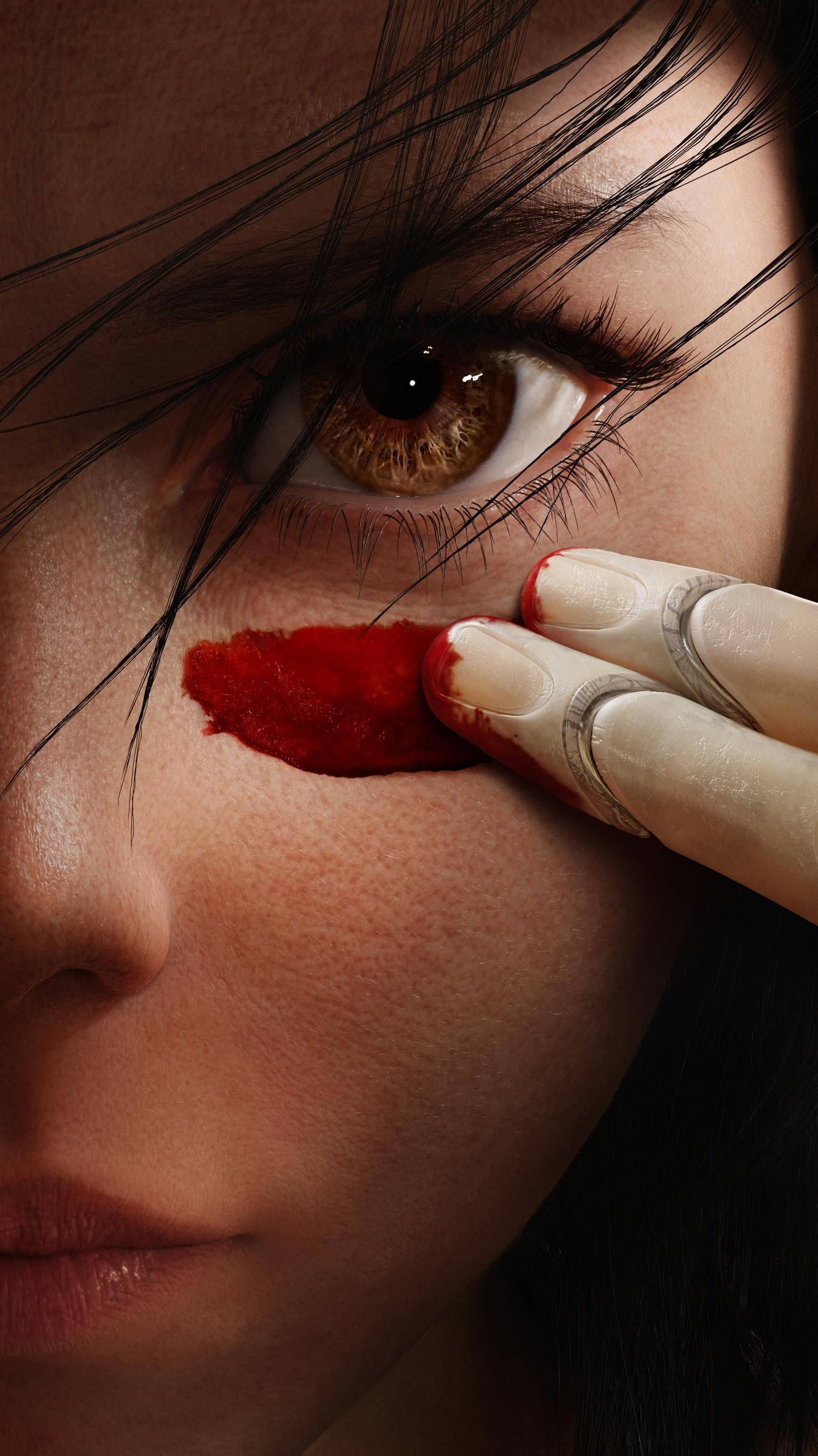 Alita, face, blood, 2K Phone Wallpaper
