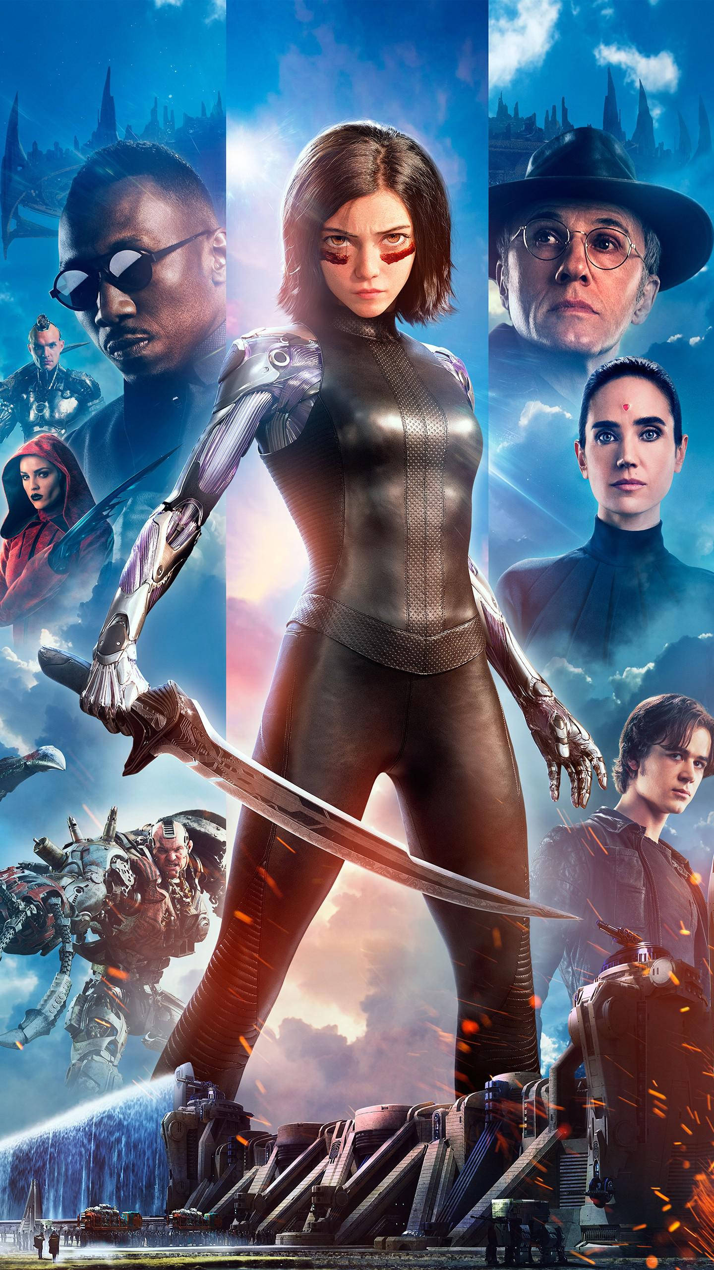 Alita Battle Angel, cyberpunk warrior woman, glowing sword, 2K Phone Wallpaper