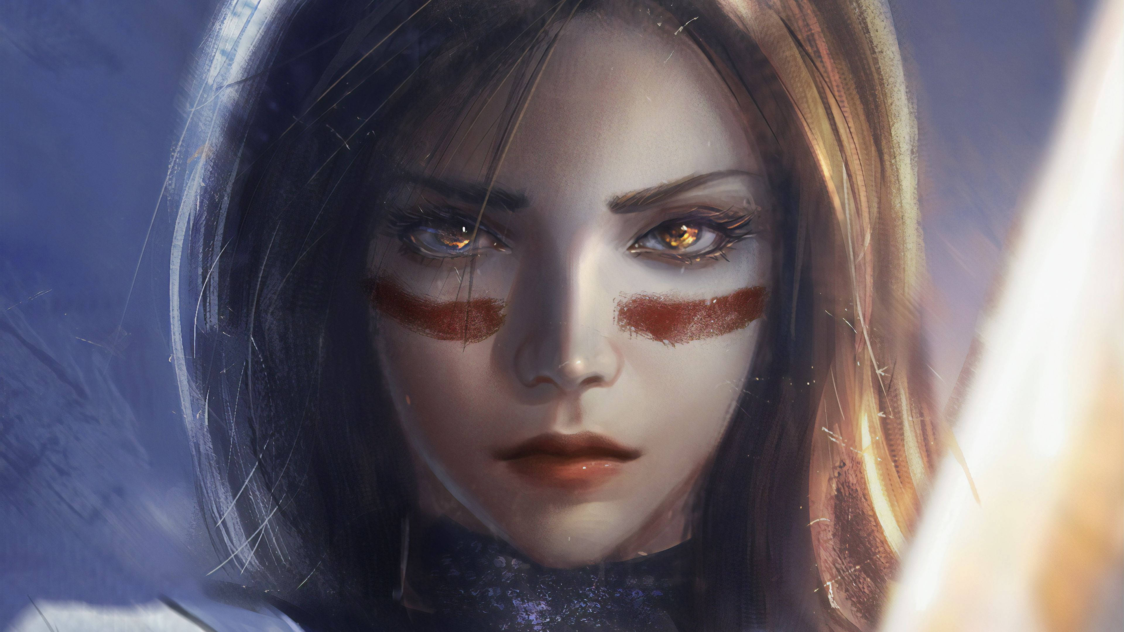 Alita, glowing amber eyes, red face paint, 4K Desktop Wallpaper