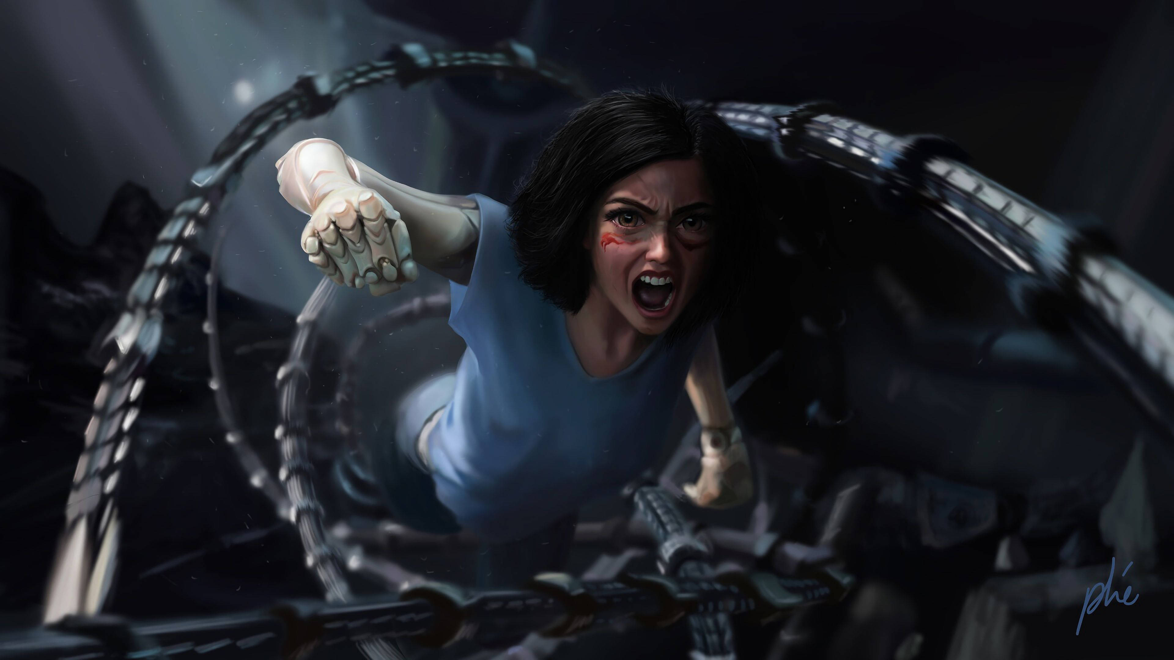 Alita, blue shirt, mechanical tentacles, 4K Desktop Wallpaper