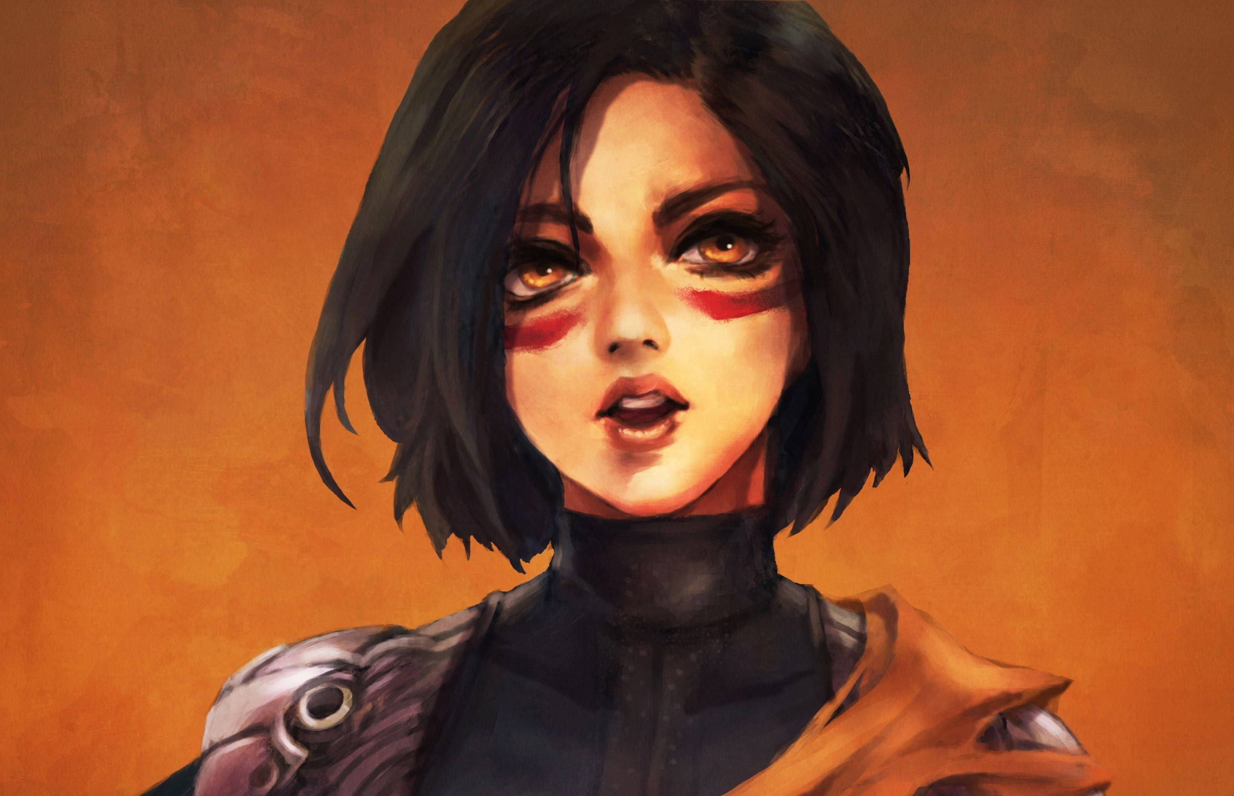 Alita, anime-style warrior woman, short black hair, Full HD Desktop Wallpaper