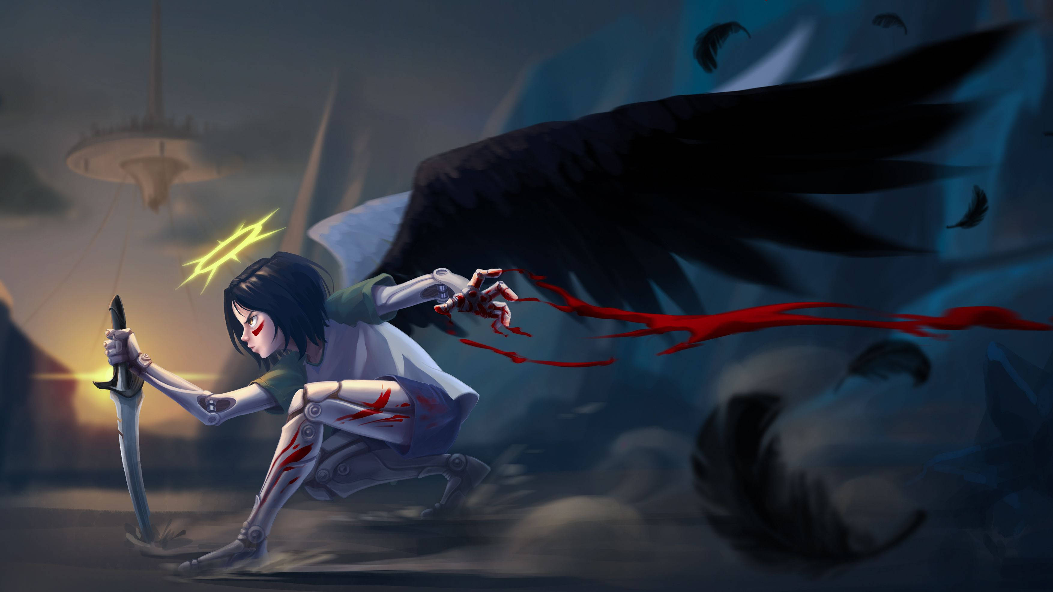 Alita, angel wings, red markings, 2K Desktop Wallpaper