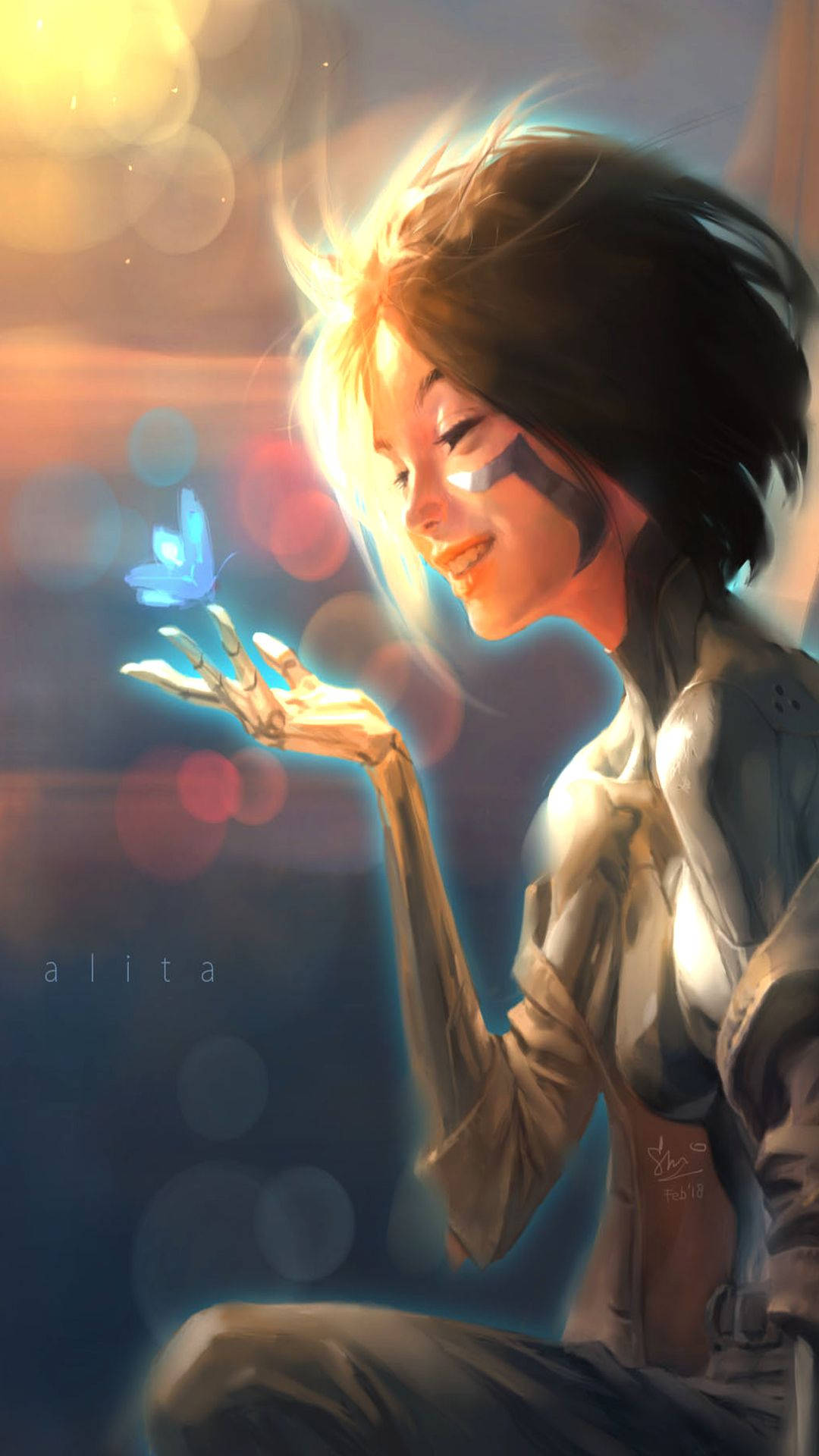 Alita, glowing hair, blue butterfly, Full HD Phone Wallpaper