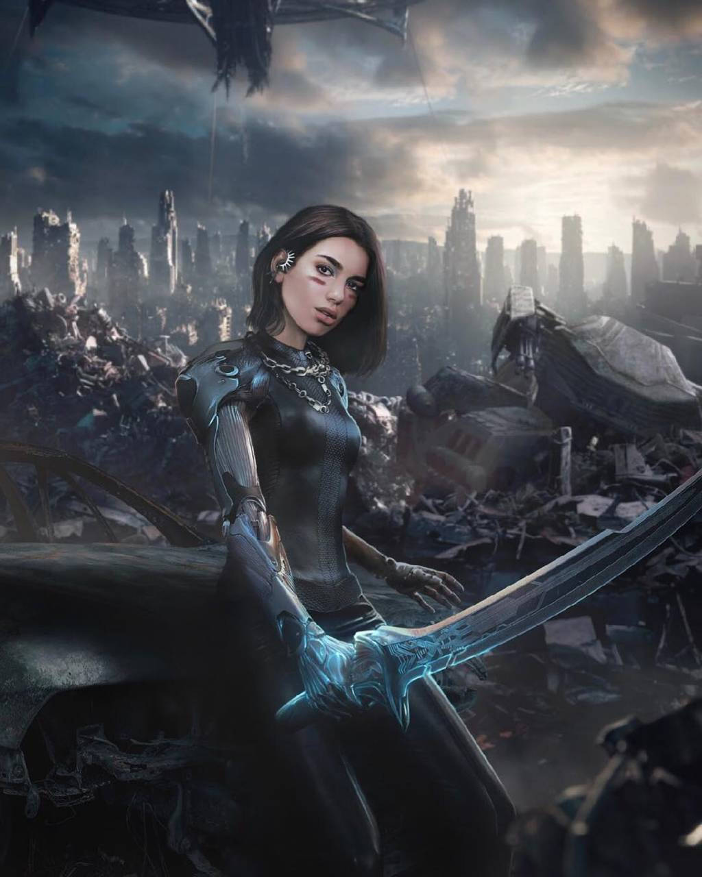 Alita, glowing blue sword, ruined futuristic cityscape, HD Phone Wallpaper