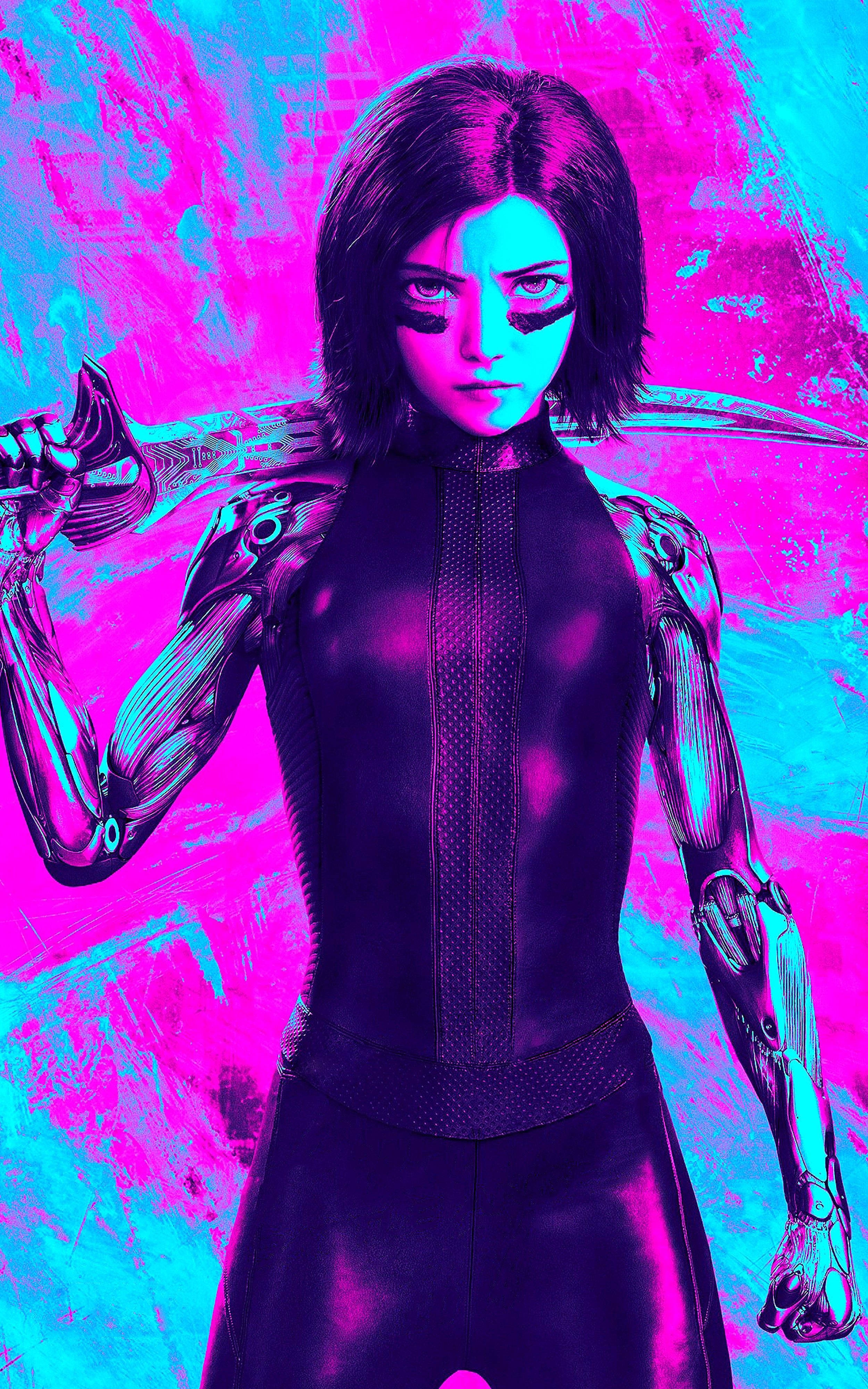 Alita, cyberpunk warrior, glowing cybernetic arms, 4K Phone Wallpaper