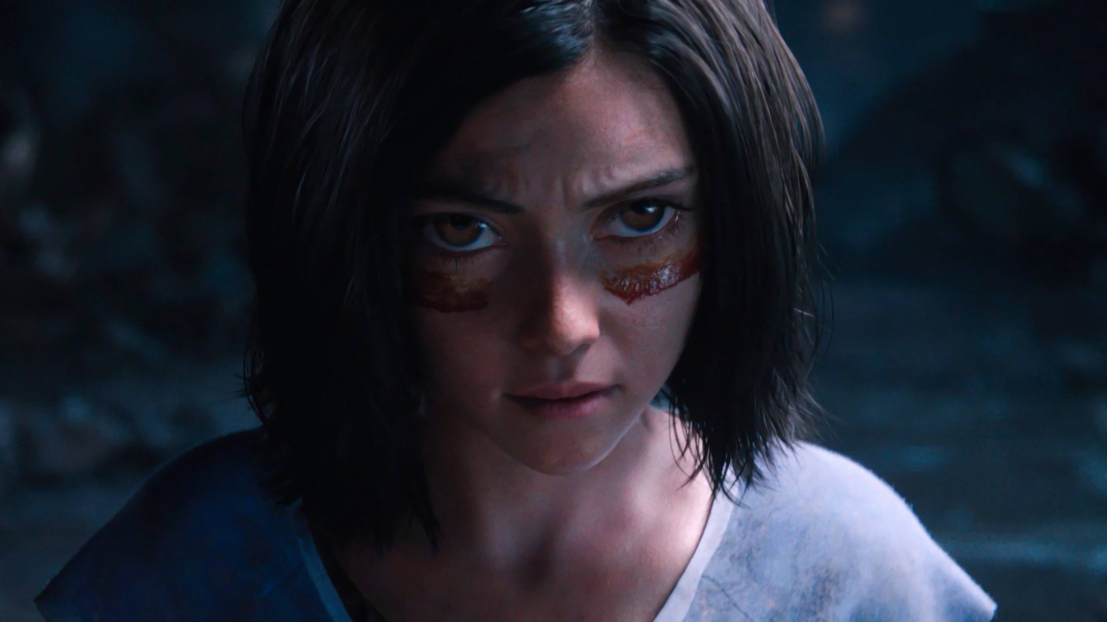 Alita, red markings under her eyes, dim blue-lit environment, 4K Desktop Wallpaper