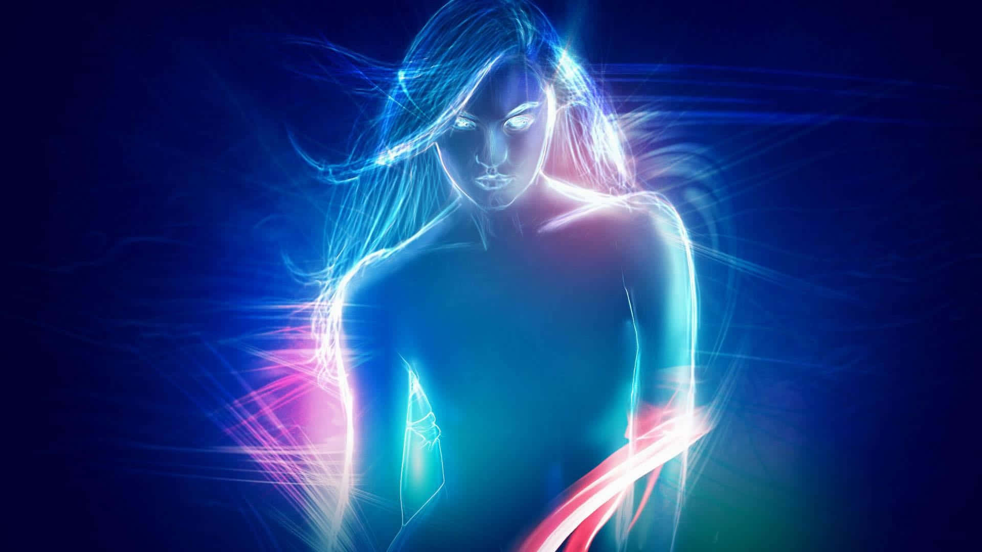 Alive, neon woman, electric blue hair, Full HD Desktop Wallpaper