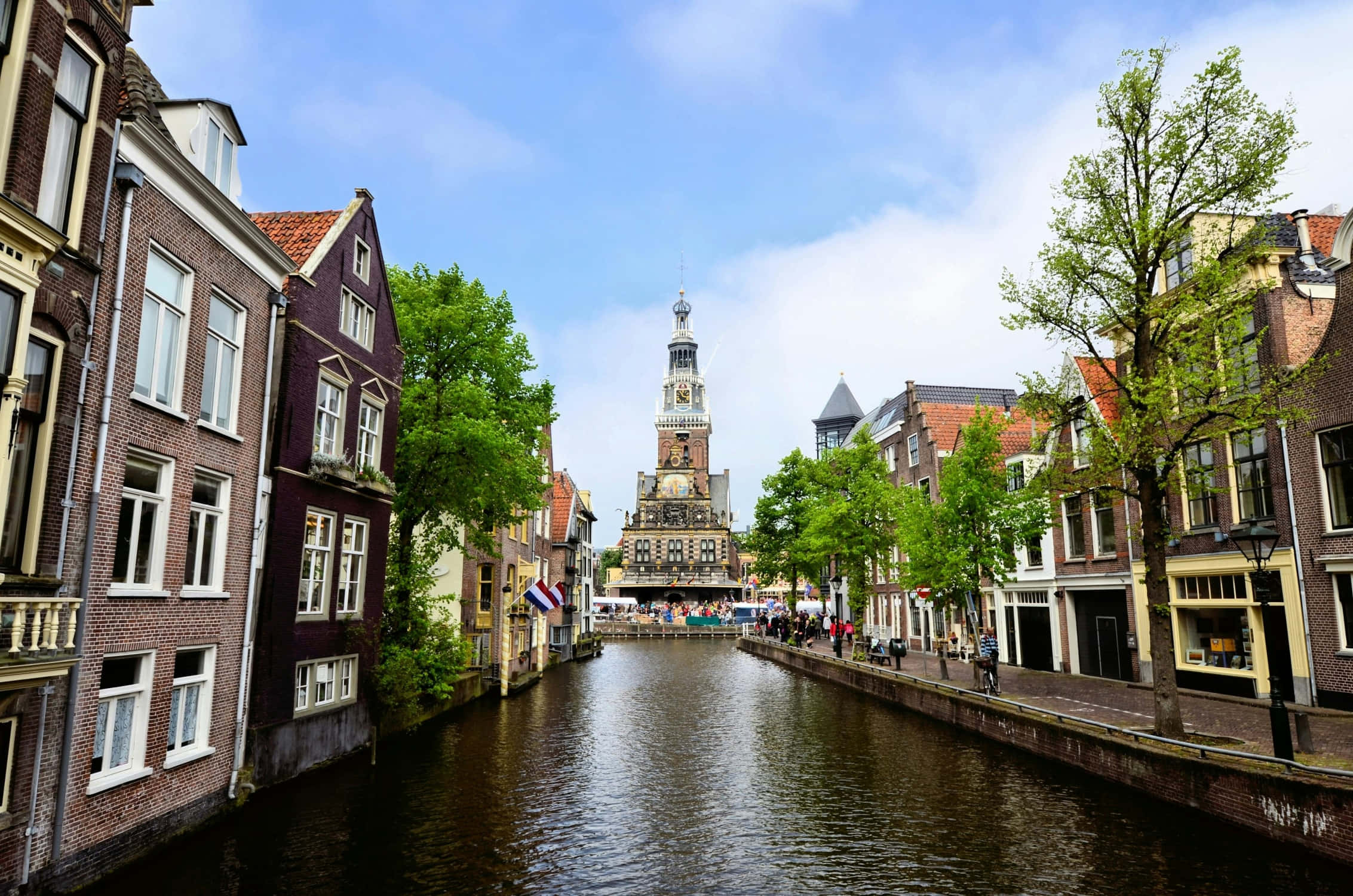 Alkmaar, canal, historical tower, Full HD Desktop Wallpaper