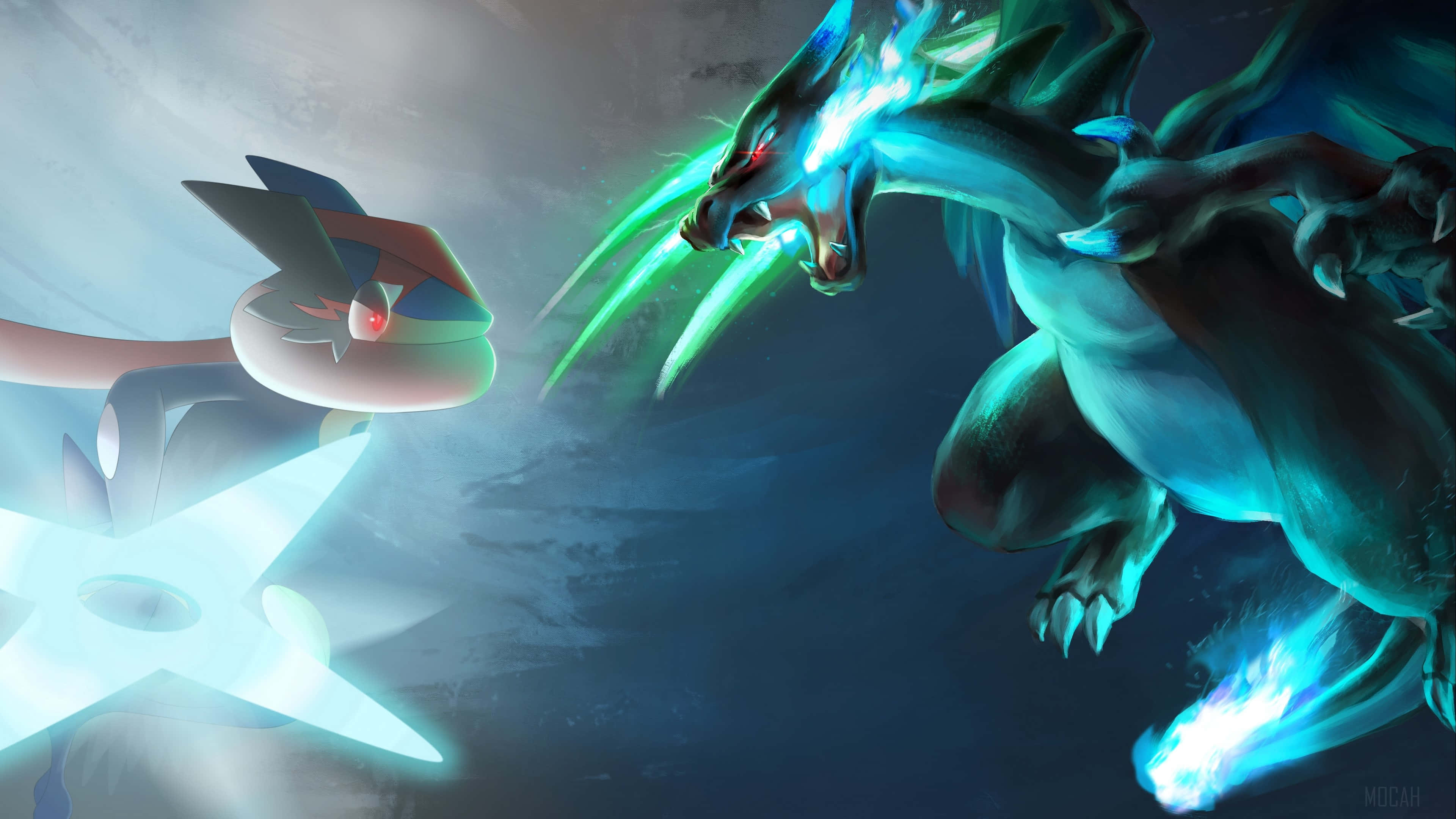 All Mega Pokemon, glowing blue dragon, green energy claws, 4K Desktop Wallpaper