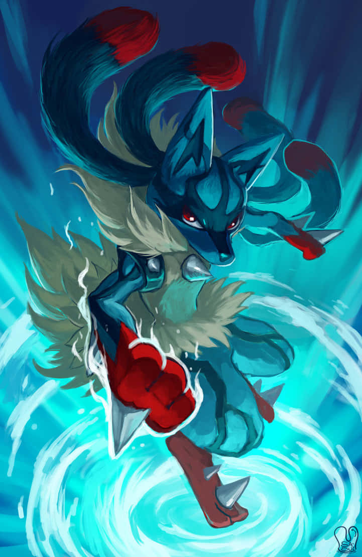 Mega Pokemon, blue fox-like Pokémon, red eyes, SD Phone Wallpaper