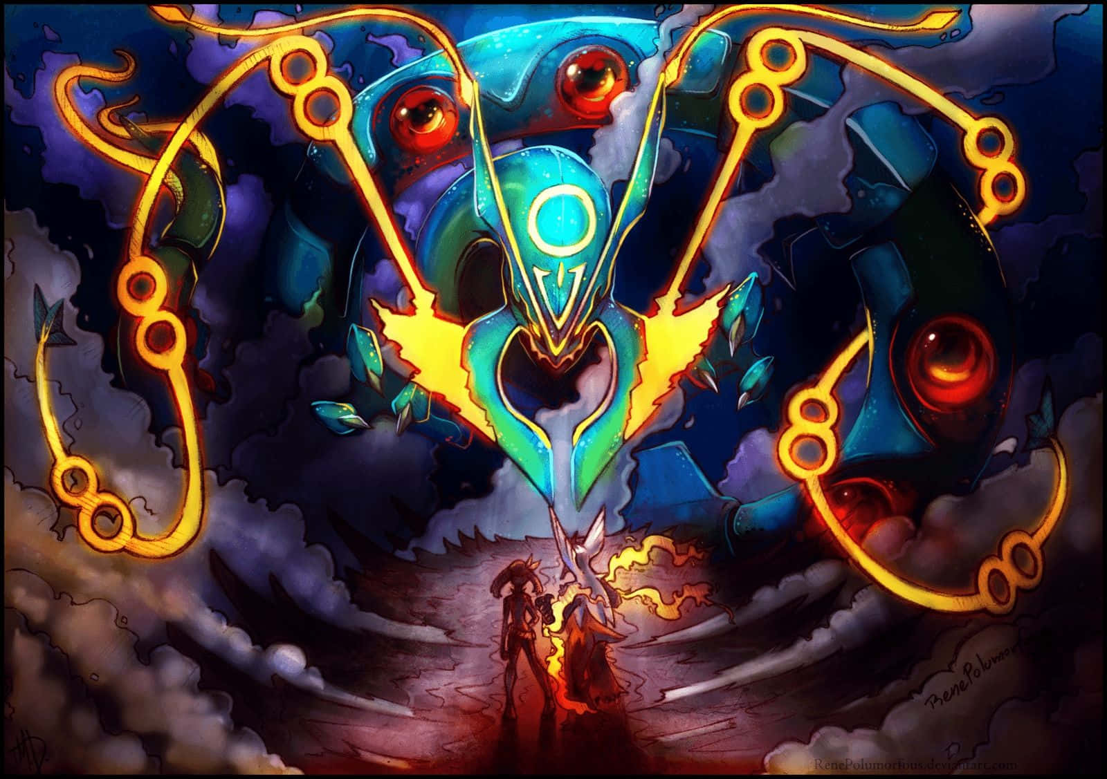 All Mega Pokemon, glowing blue and gold mechanical entity, red eyes, HD Desktop Wallpaper