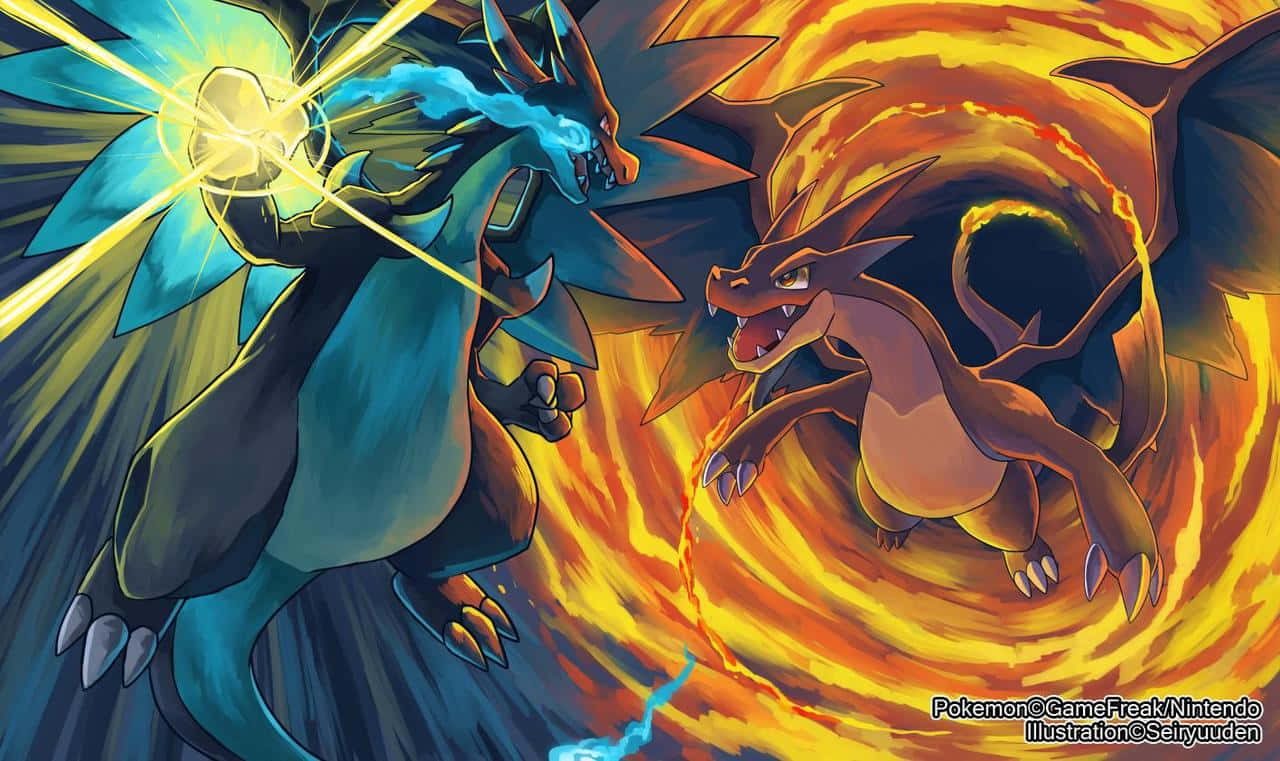 All Mega Pokemon, blue dragon, glowing energy blast, HD Desktop Wallpaper