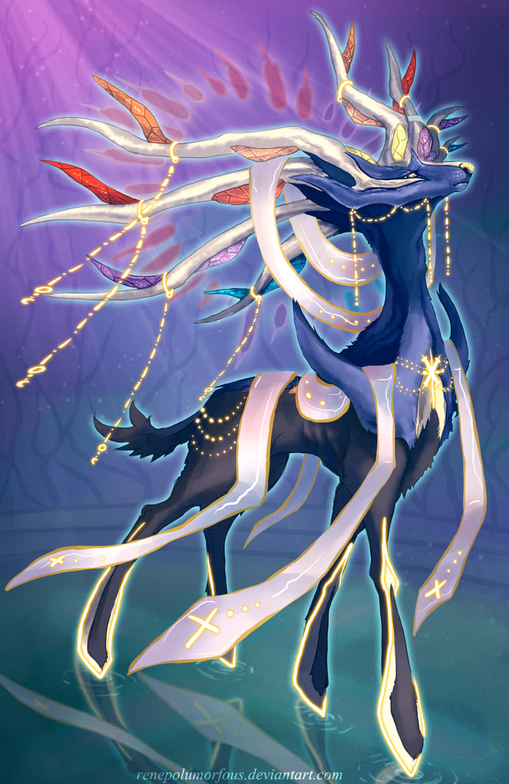 Mega Pokemon, dark blue deer, glowing antlers, HD Phone Wallpaper