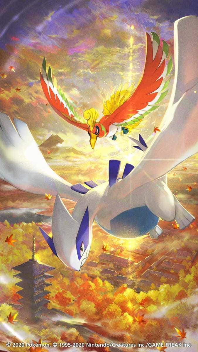 All Mega Pokemon, white and blue bird, autumn sky, SD Phone Wallpaper
