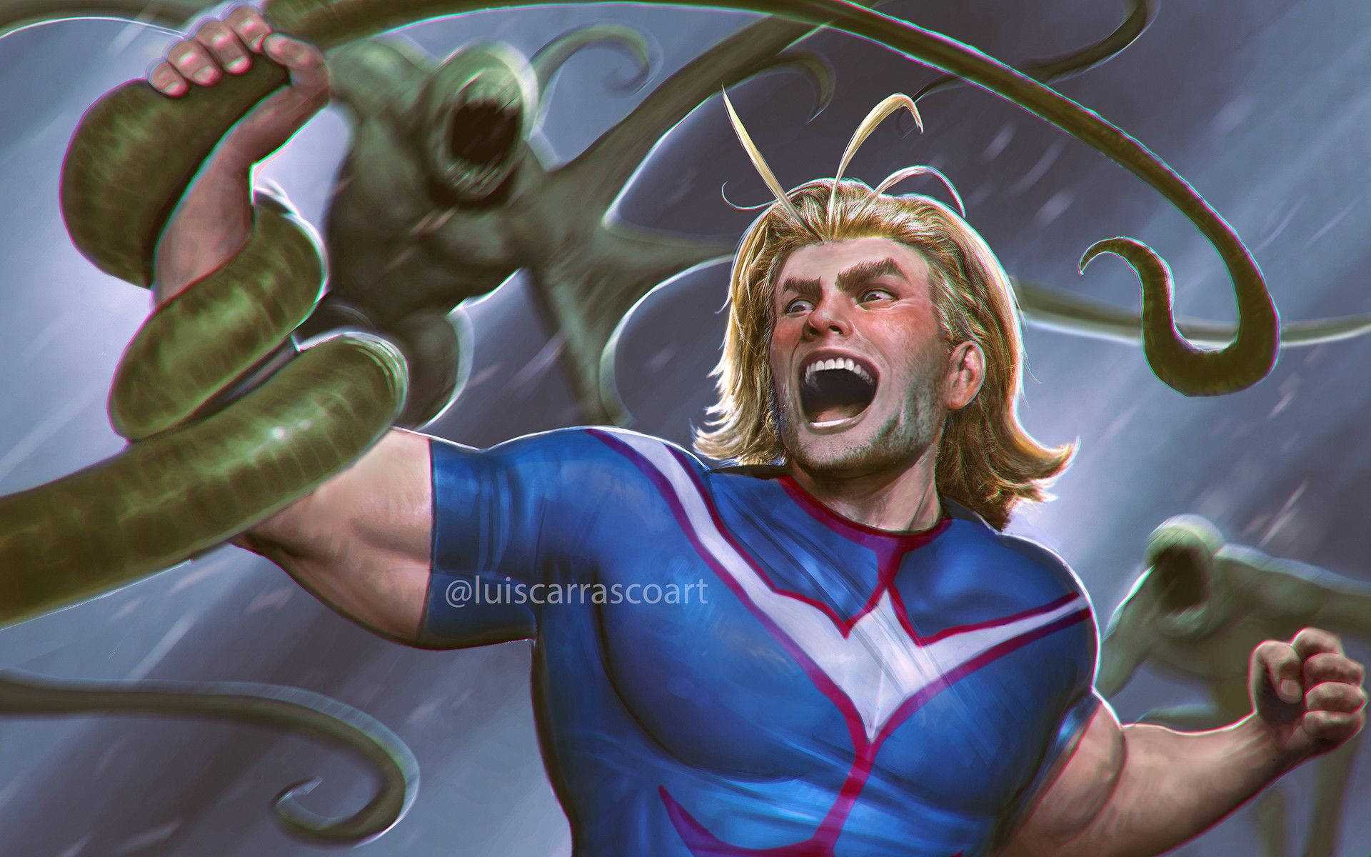 All Might, blue and white suit, green tentacles, Full HD Desktop Wallpaper