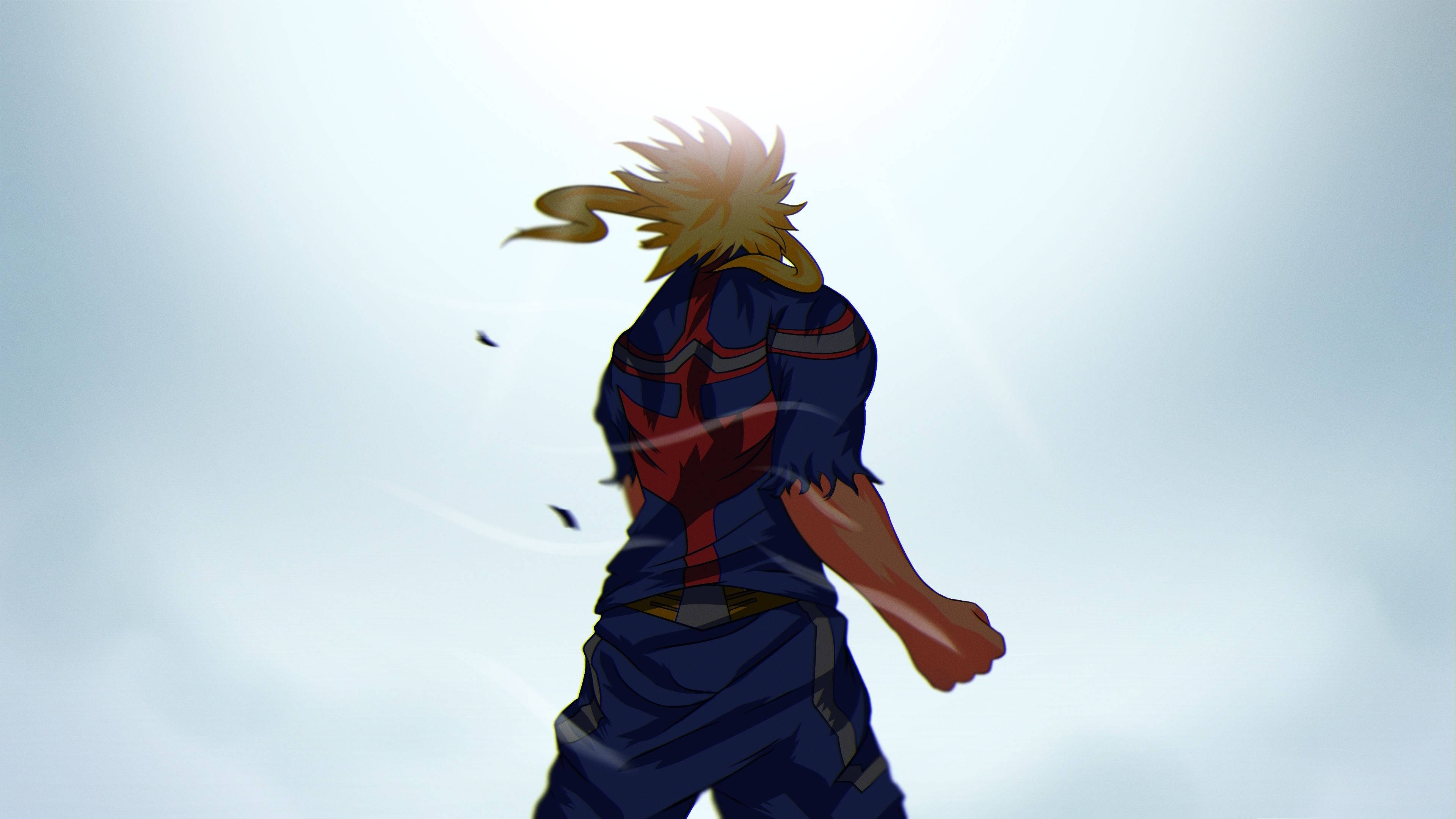 All Might, spiky-haired anime hero, blue and red suit, 4K Desktop Wallpaper
