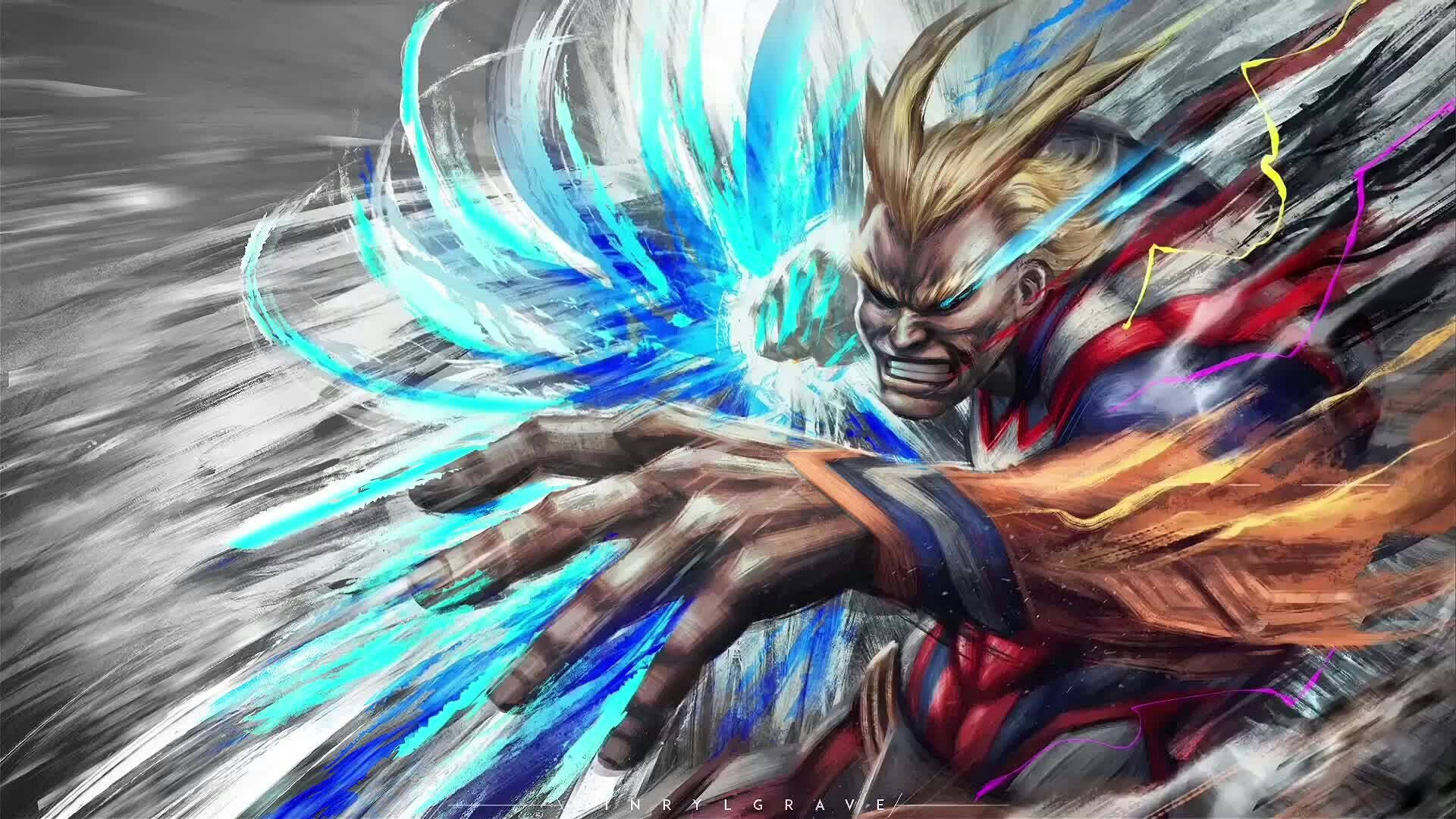 All Might, blue energy blast, spiky blonde hair, Full HD Desktop Wallpaper