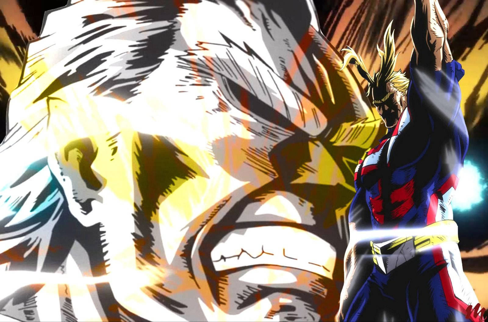 All Might, blue red and yellow suit, explosive energy, HD Desktop Wallpaper