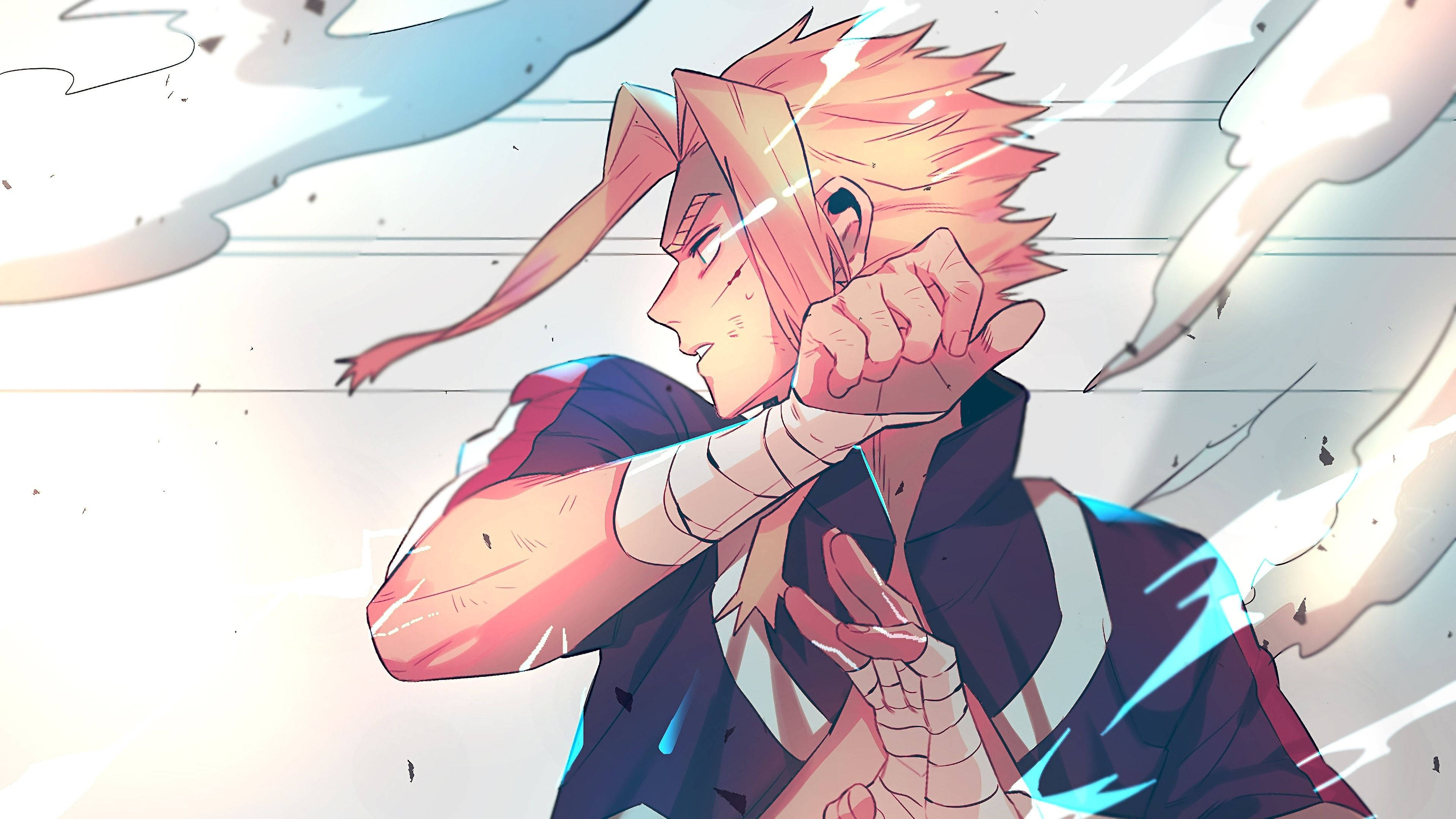 All Might, spiky orange hair, blue lightning energy, 4K Desktop Wallpaper