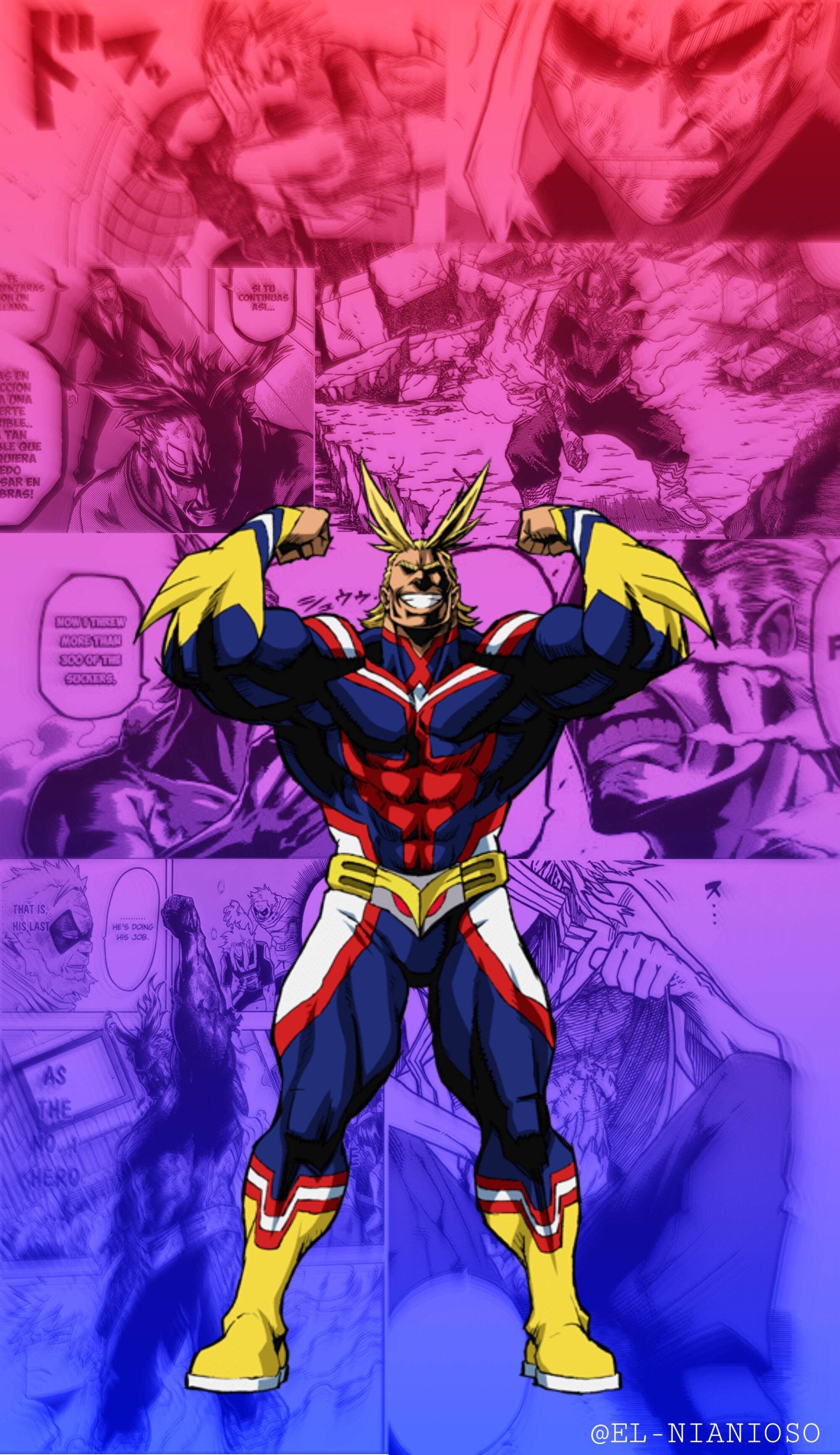 All Might, blue red and yellow suit, vibrant comic book panel collage background, 2K Phone Wallpaper