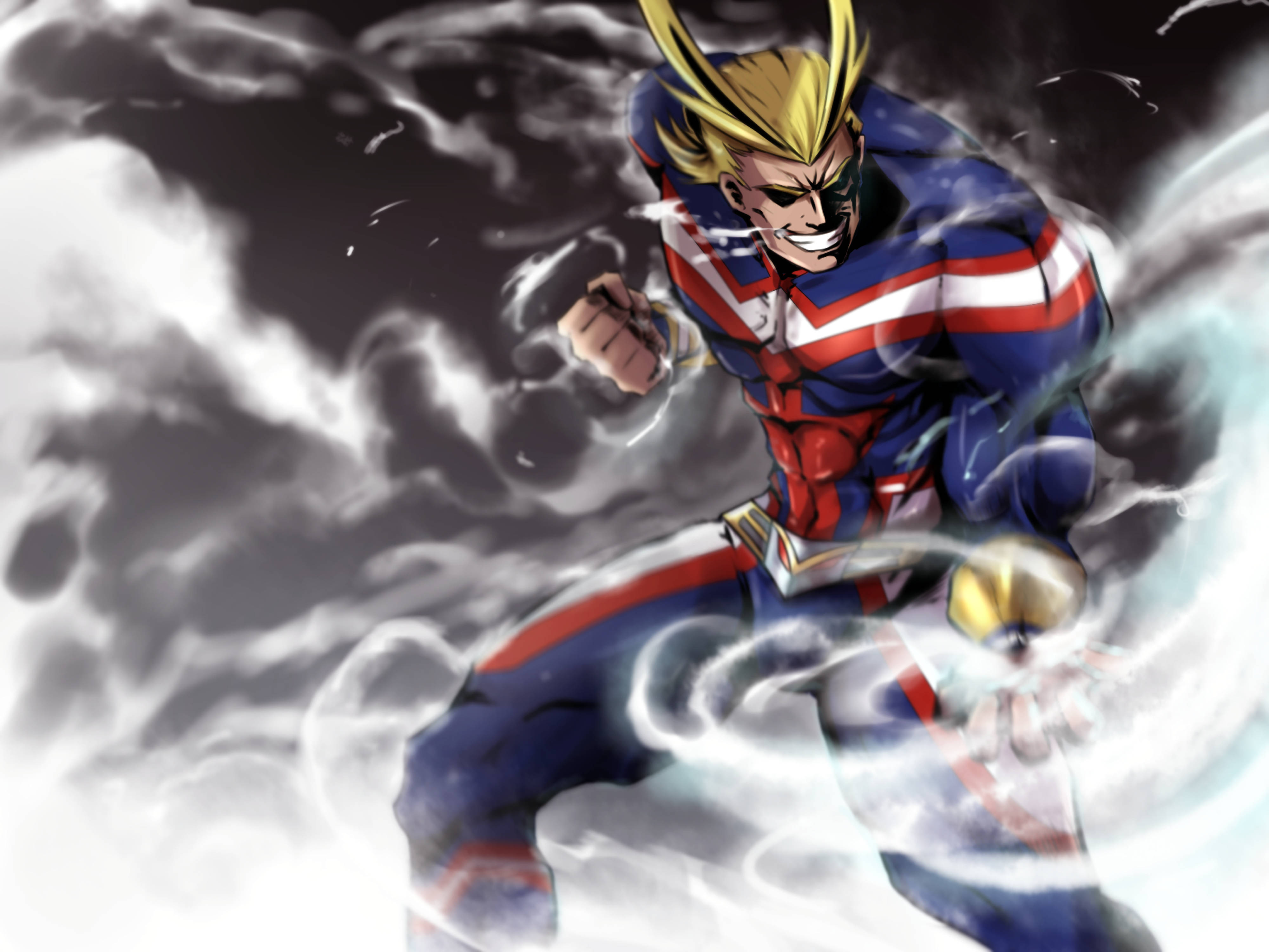 All Might, spiky blonde hair, blue red and white suit, 4K Desktop Wallpaper