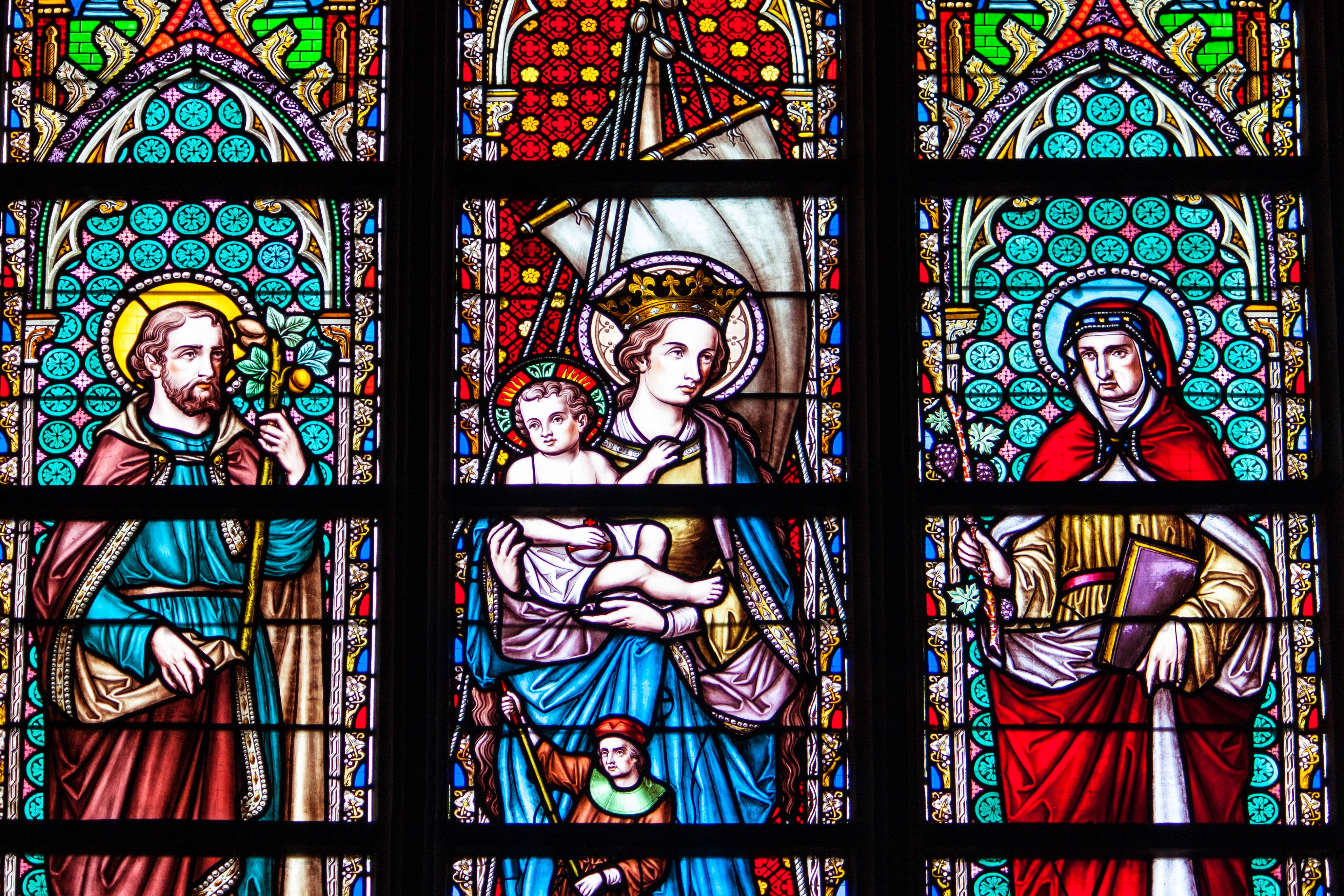 All Saints Day, stained glass window, three saints, 4K Desktop Wallpaper