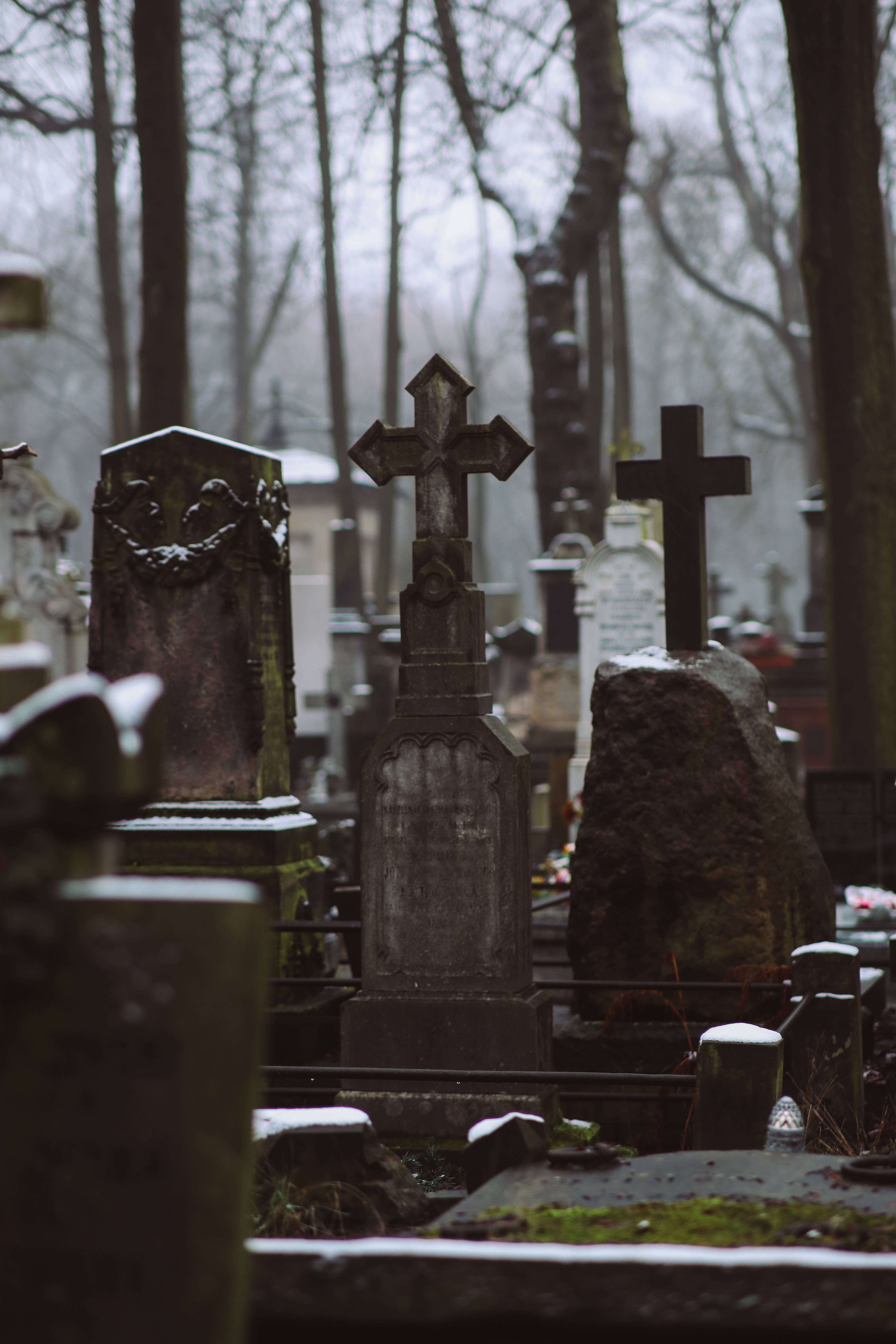 All Saints Day, gravestones, misty winter cemetery, 5K Phone Wallpaper