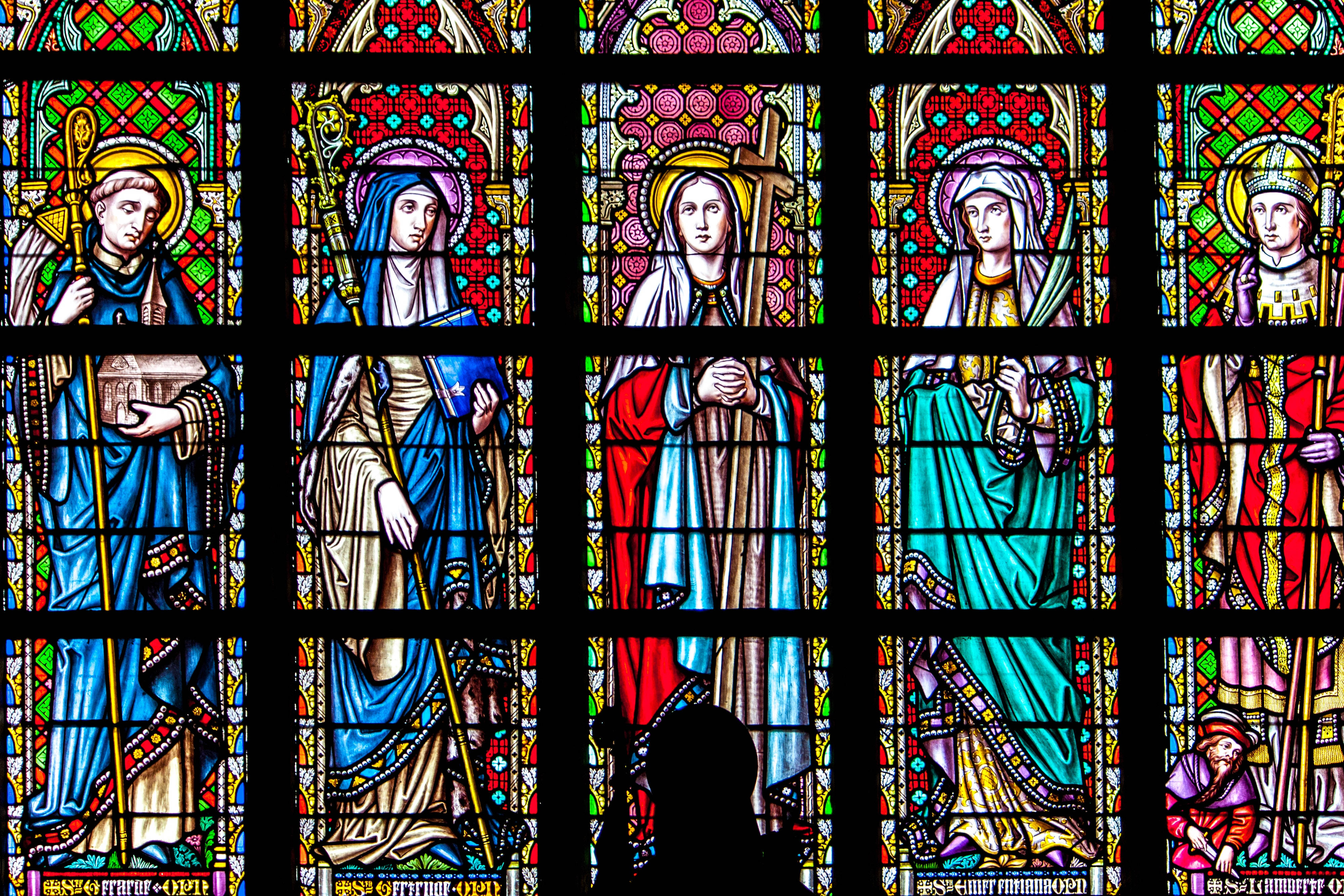 All Saints Day, stained glass window panels, saints, 4K Desktop Wallpaper