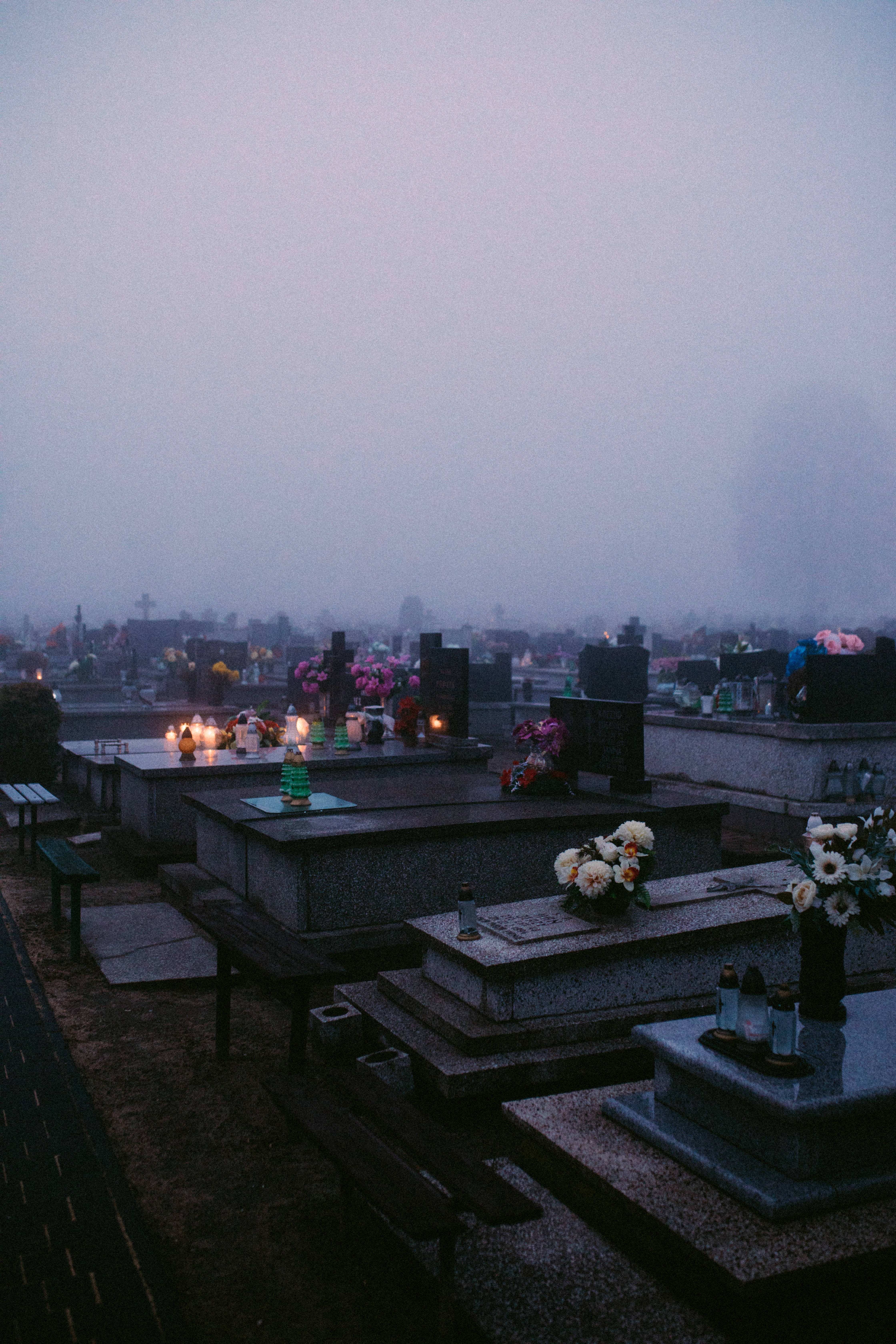 All Saints Day, stone coffins, misty cemetery, 5K Phone Wallpaper