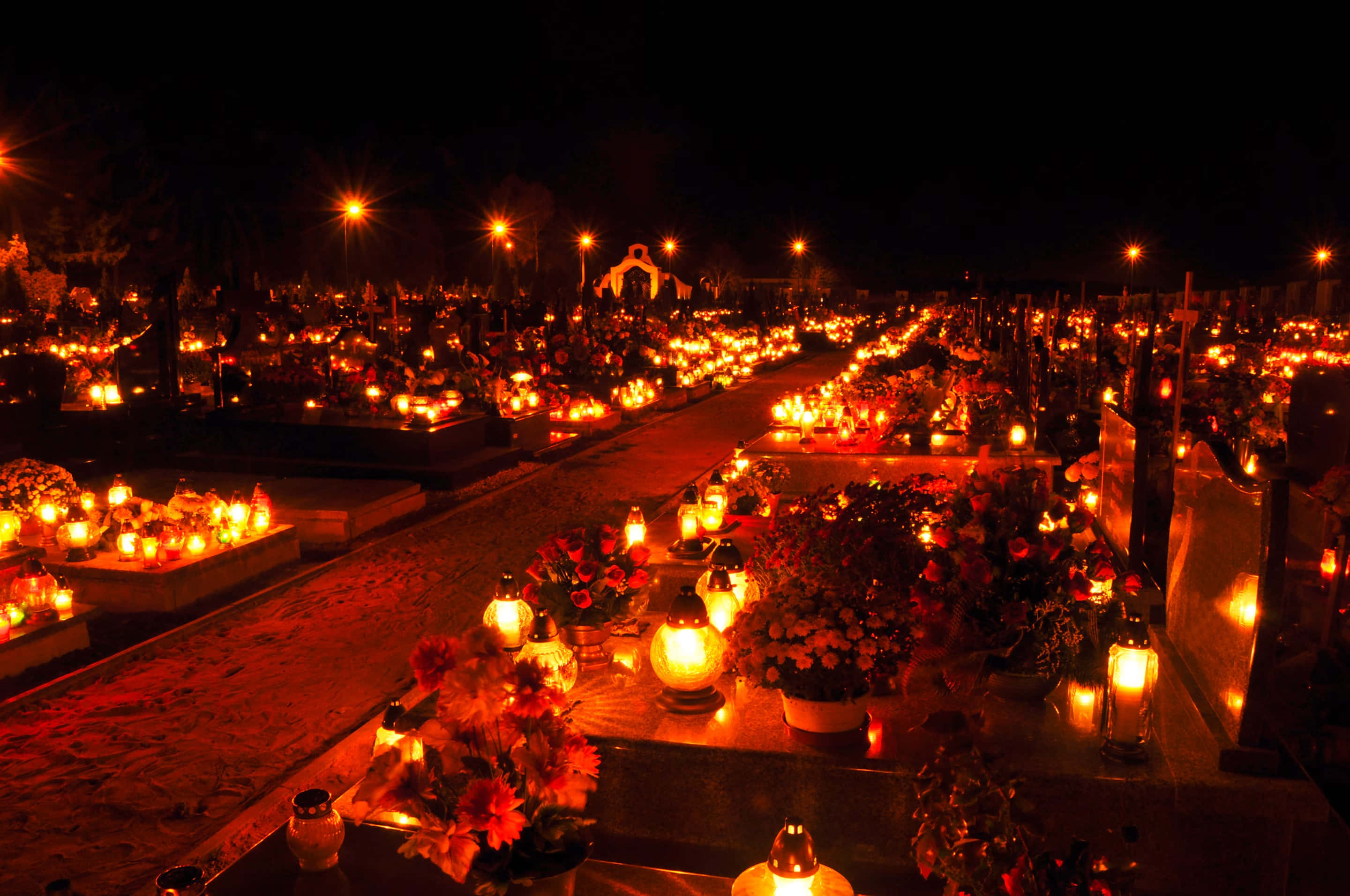 All Souls Day, candlelit cemetery, glowing candles, 2K Desktop Wallpaper
